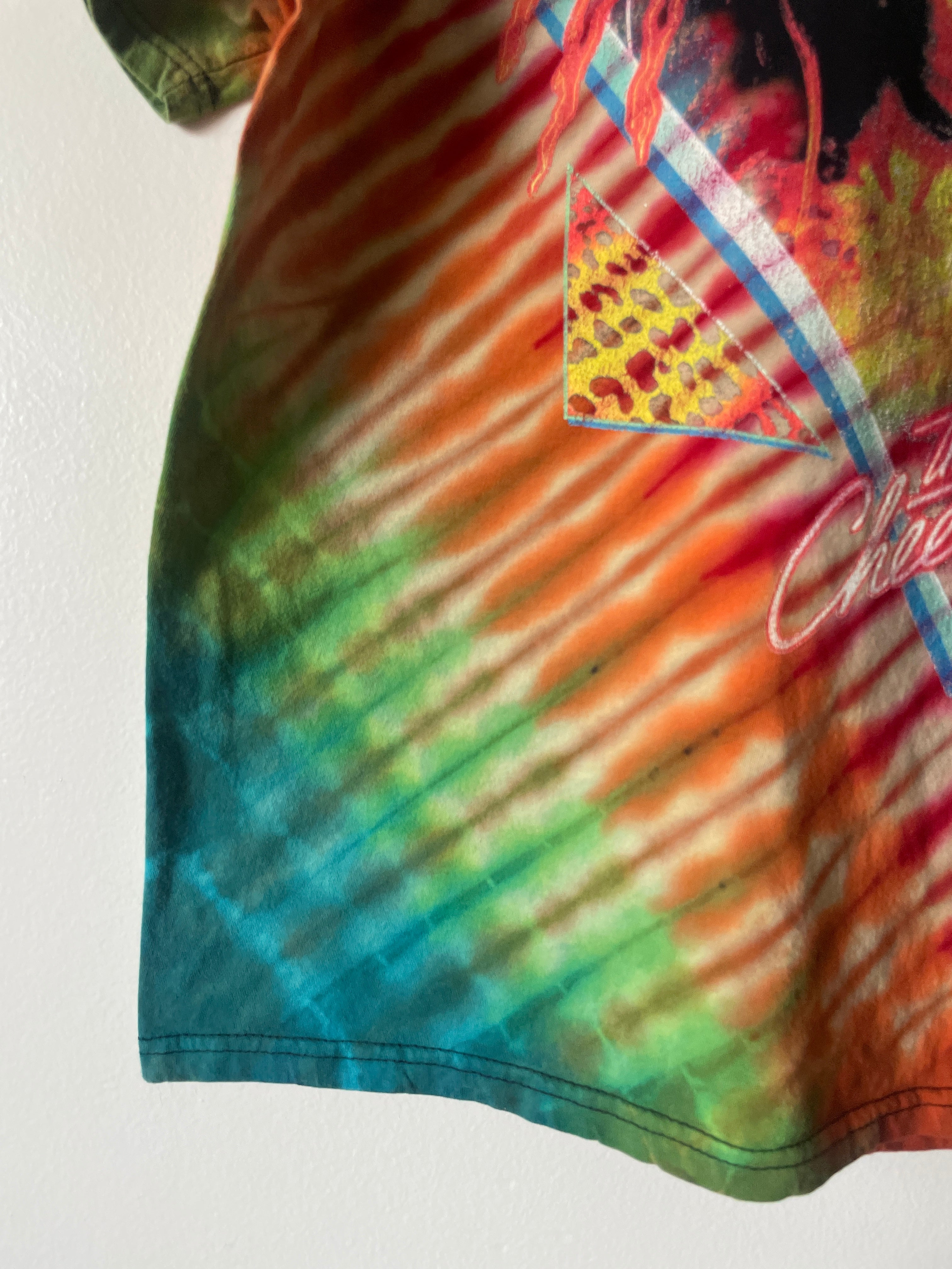 The Cheetah Handmade Tie Dye Short Sleeve T-Shirt | One-Of-a-Kind Upcycled Black and Rainbow Pleated Top | Men's Large