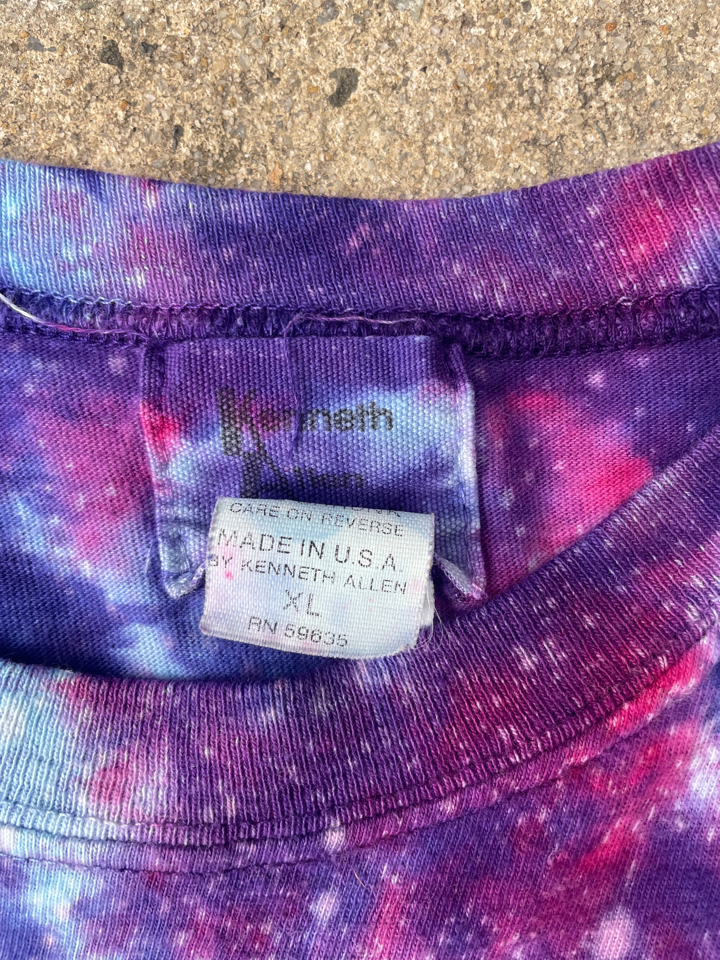 Hand-Printed Skeleton Heart Hands Blue and Purple Tie Dye Short Sleeve T-Shirt | Men's Size XL