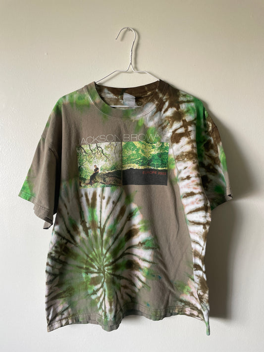 Jackson Browne Europe 2003 Tour Handmade Tie Dye Short Sleeve T-Shirt | One-Of-a-Kind Upcycled Tan and Green Spiral Top | Men's L/XL