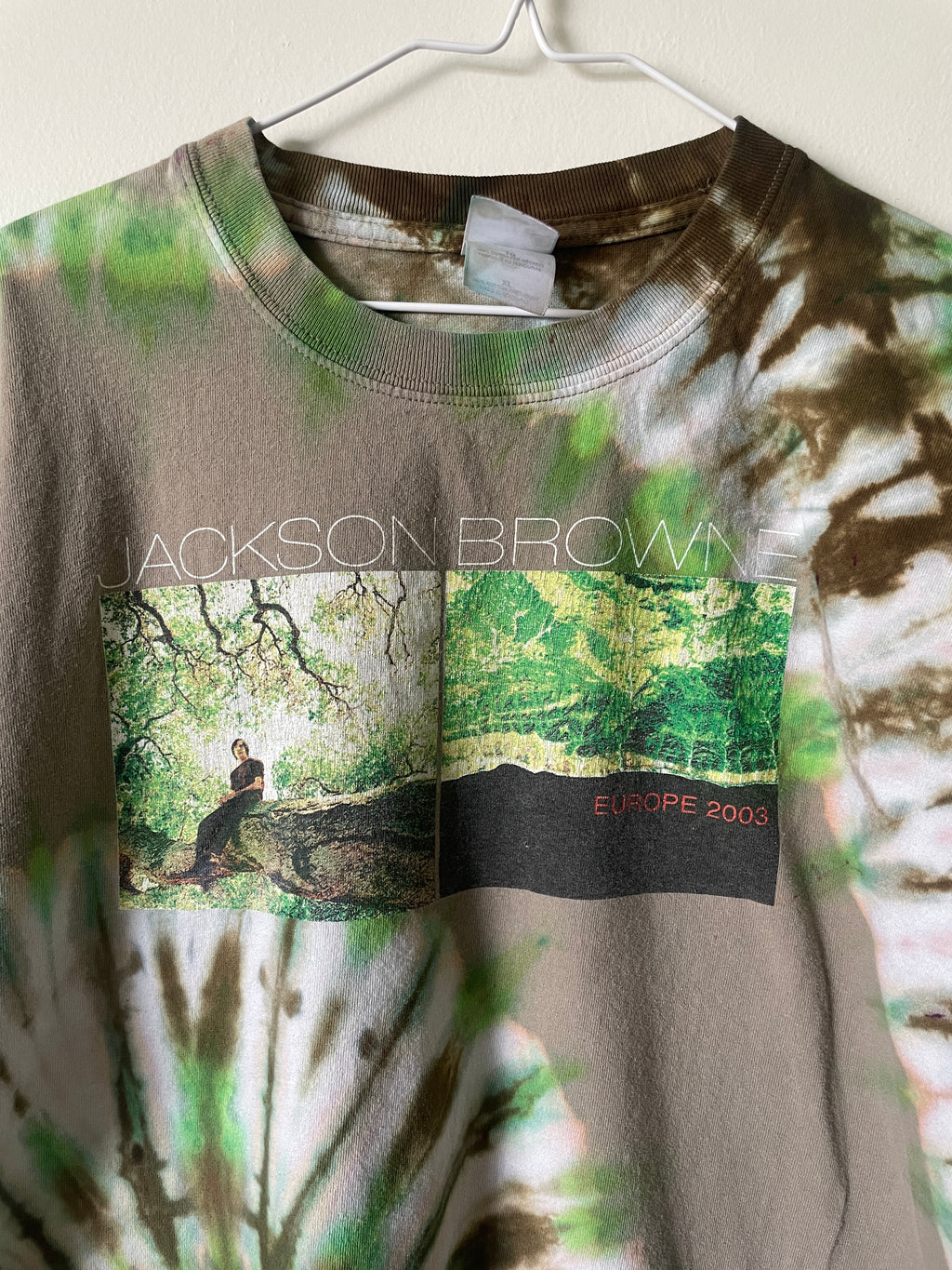 Jackson Browne Europe 2003 Tour Handmade Tie Dye Short Sleeve T-Shirt | One-Of-a-Kind Upcycled Tan and Green Spiral Top | Men's L/XL