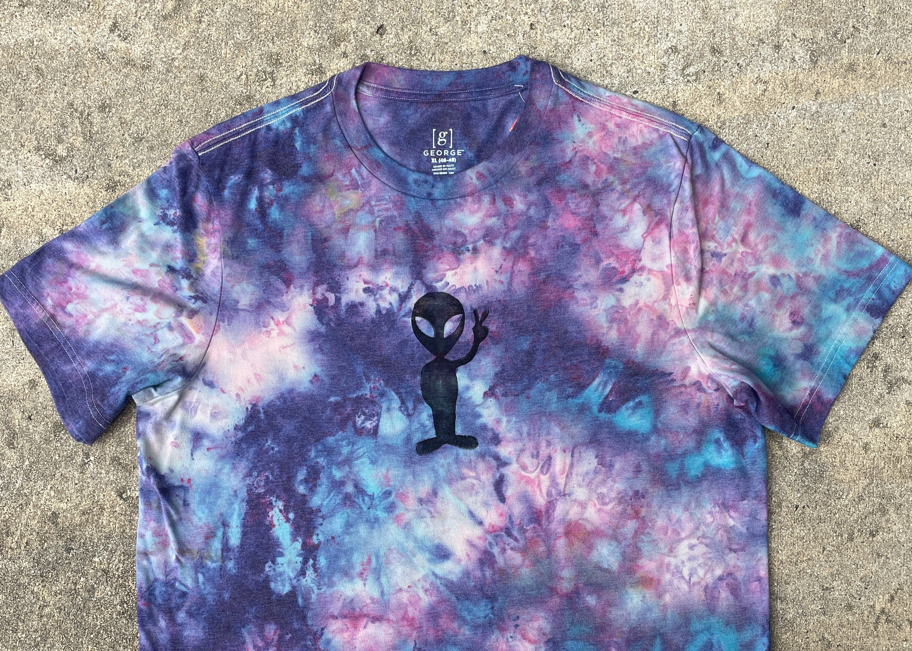 Hand-Printed Alien Blue and Purple Galaxy Dye Short Sleeve T-Shirt | Men's Size XL