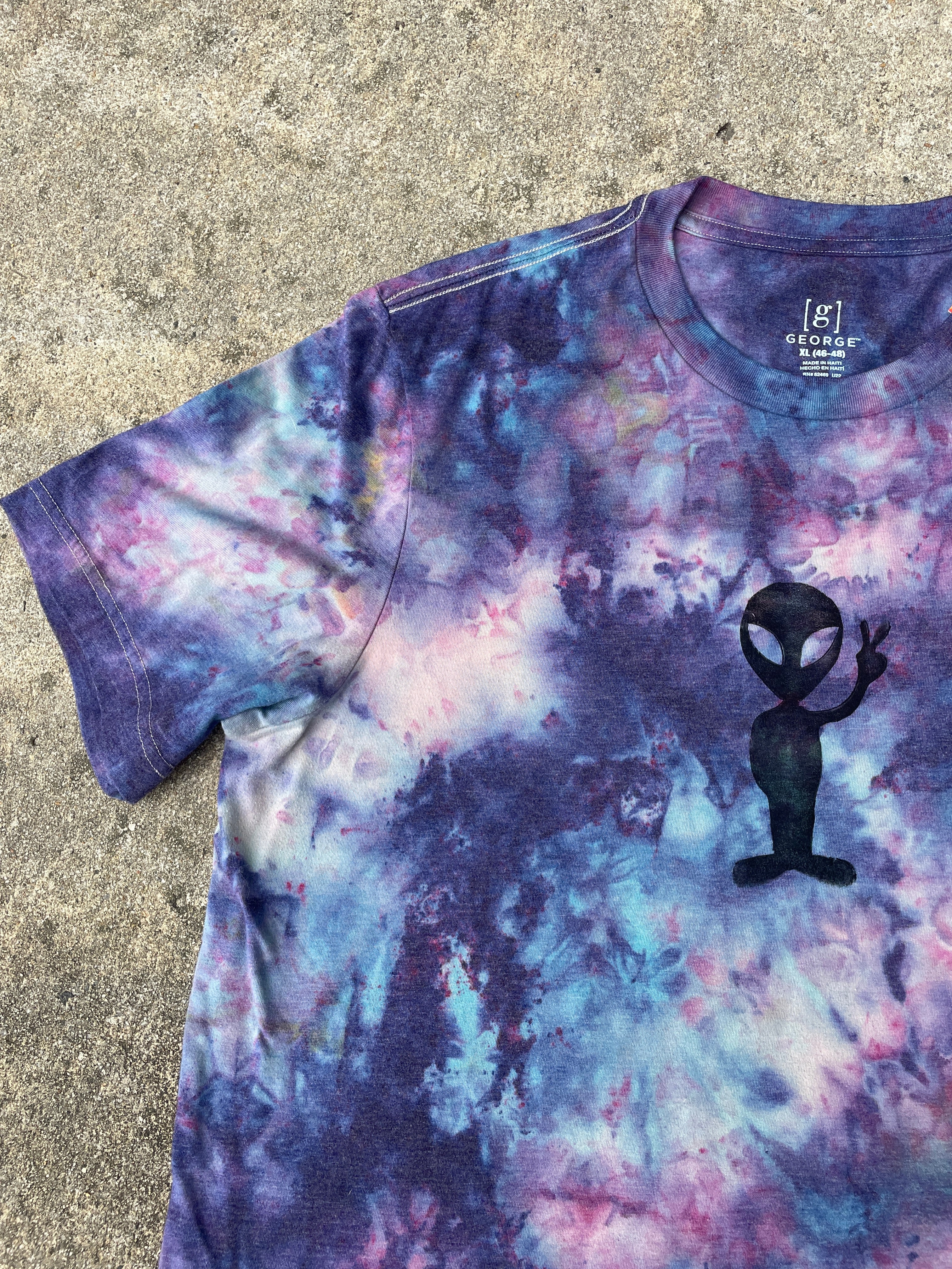 Hand-Printed Alien Blue and Purple Galaxy Dye Short Sleeve T-Shirt | Men's Size XL