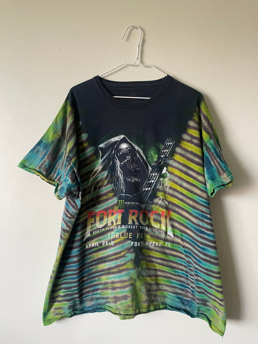 Fort Rock Festival 2016 Handmade Tie Dye Short Sleeve T-Shirt | One-Of-a-Kind Upcycled Black, Blue, and Green Pleated Top | Men's 2XL