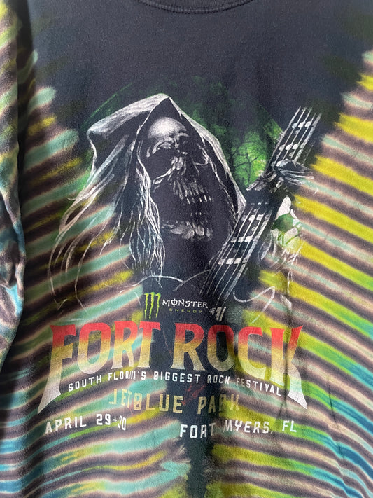 Fort Rock Festival 2016 Handmade Tie Dye Short Sleeve T-Shirt | One-Of-a-Kind Upcycled Black, Blue, and Green Pleated Top | Men's 2XL