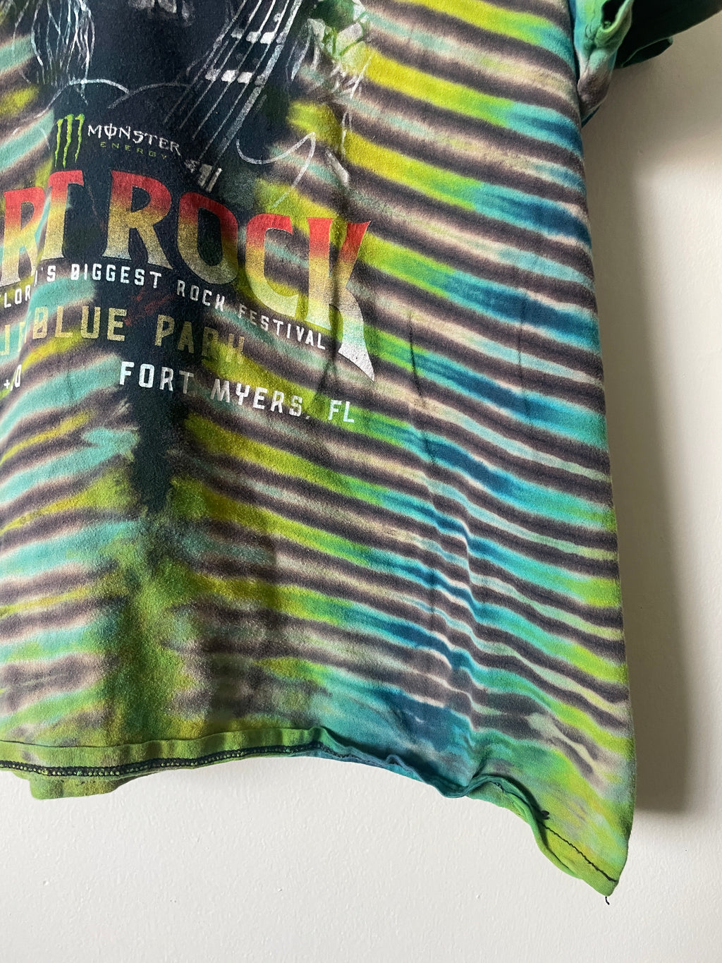 Fort Rock Festival 2016 Handmade Tie Dye Short Sleeve T-Shirt | One-Of-a-Kind Upcycled Black, Blue, and Green Pleated Top | Men's 2XL