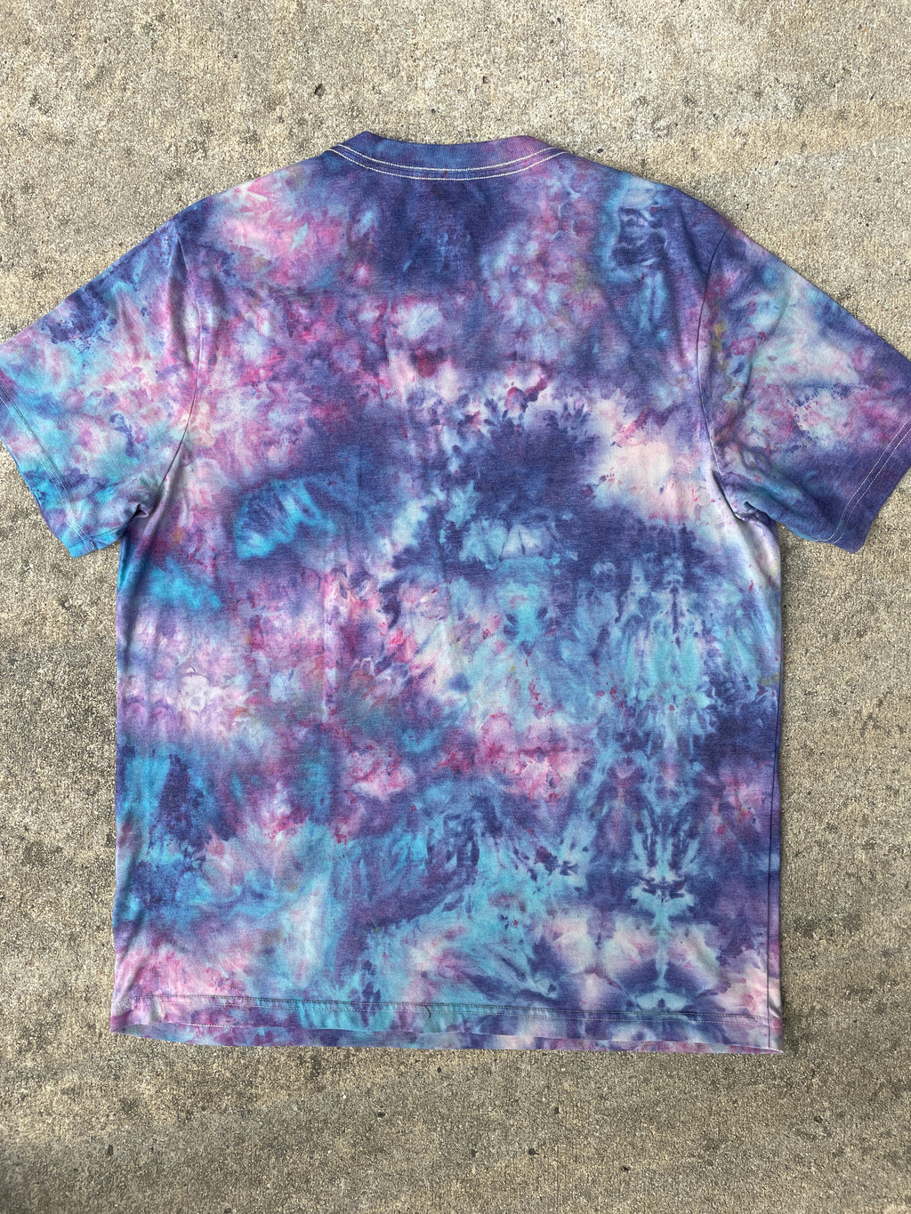 Hand-Printed Alien Blue and Purple Galaxy Dye Short Sleeve T-Shirt | Men's Size XL
