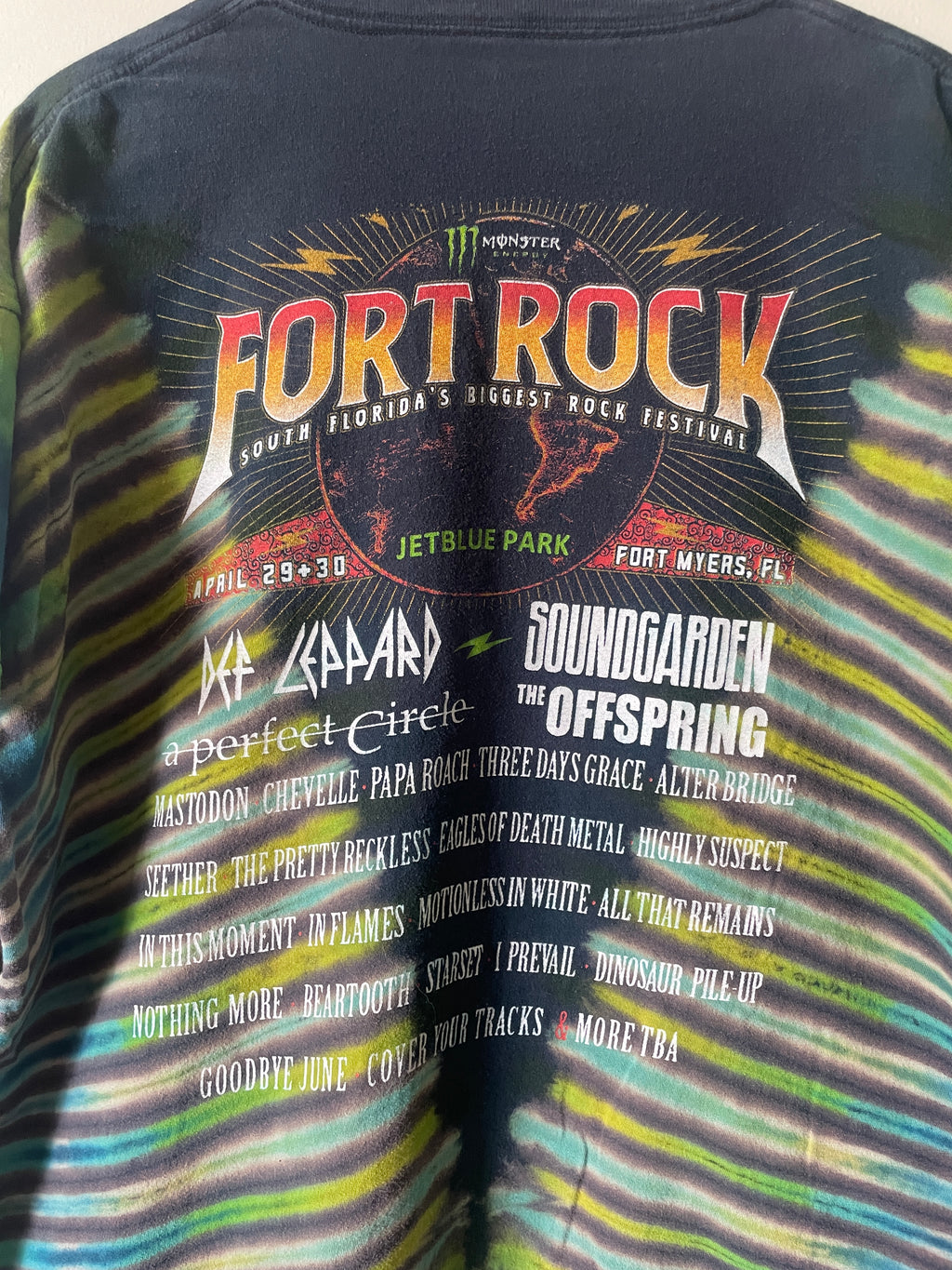 Fort Rock Festival 2016 Handmade Tie Dye Short Sleeve T-Shirt | One-Of-a-Kind Upcycled Black, Blue, and Green Pleated Top | Men's 2XL