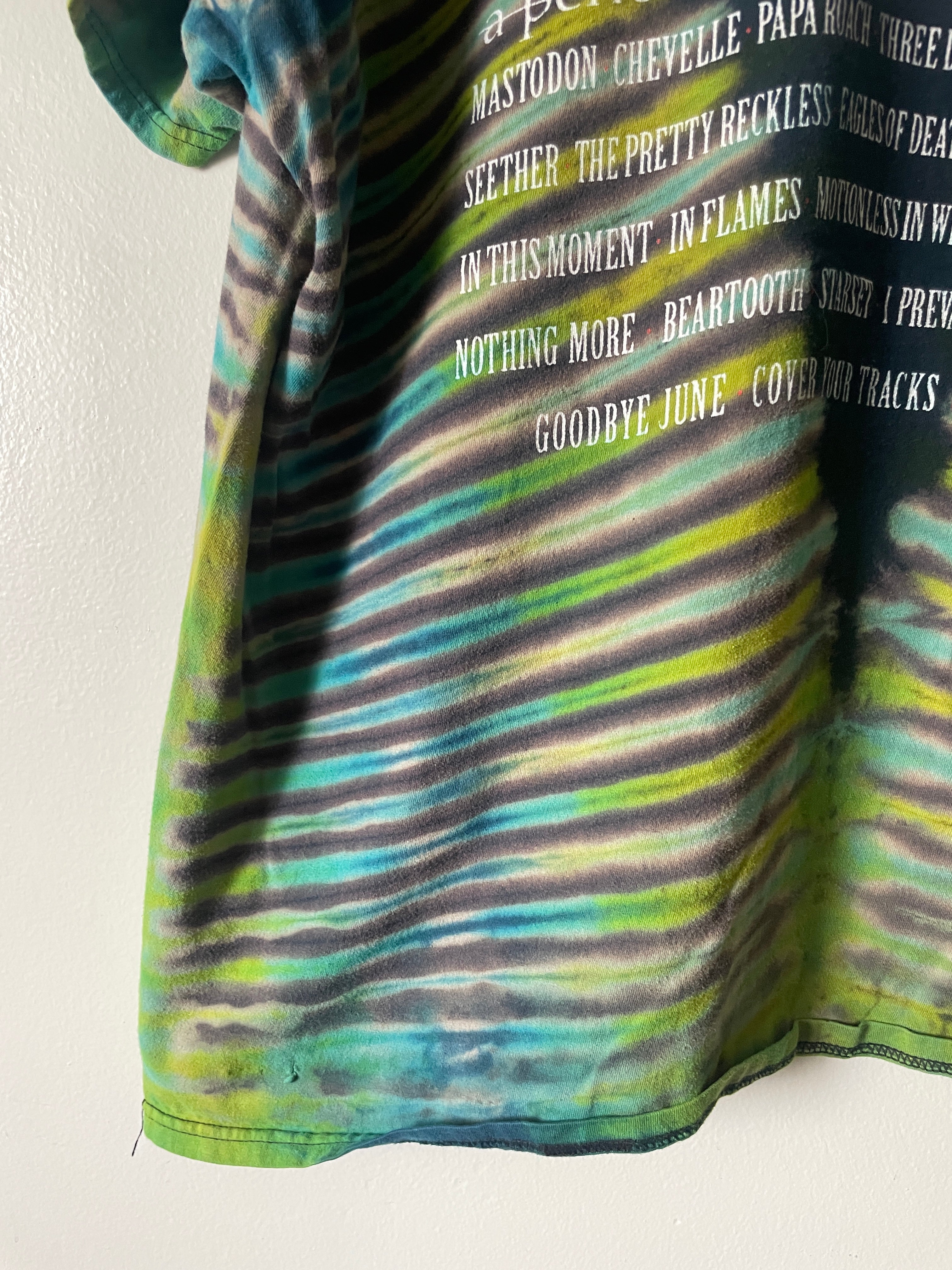 Fort Rock Festival 2016 Handmade Tie Dye Short Sleeve T-Shirt | One-Of-a-Kind Upcycled Black, Blue, and Green Pleated Top | Men's 2XL