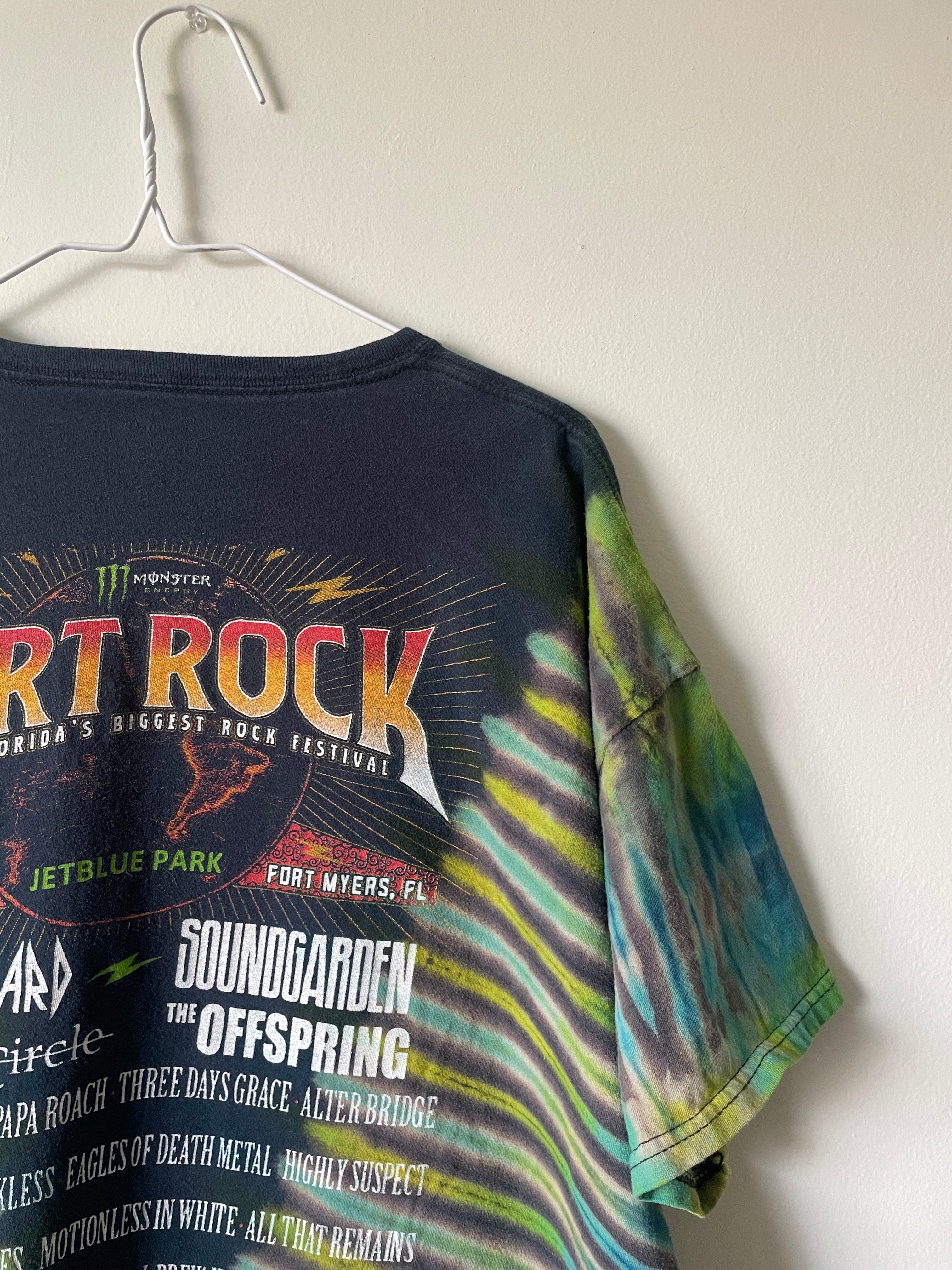 Fort Rock Festival 2016 Handmade Tie Dye Short Sleeve T-Shirt | One-Of-a-Kind Upcycled Black, Blue, and Green Pleated Top | Men's 2XL