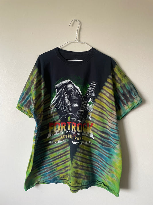 Fort Rock Festival 2016 (#2) Handmade Tie Dye Short Sleeve T-Shirt | One-Of-a-Kind Upcycled Black, Blue, and Green Pleated Top | Men's 2XL