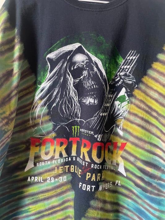 Fort Rock Festival 2016 (#2) Handmade Tie Dye Short Sleeve T-Shirt | One-Of-a-Kind Upcycled Black, Blue, and Green Pleated Top | Men's 2XL