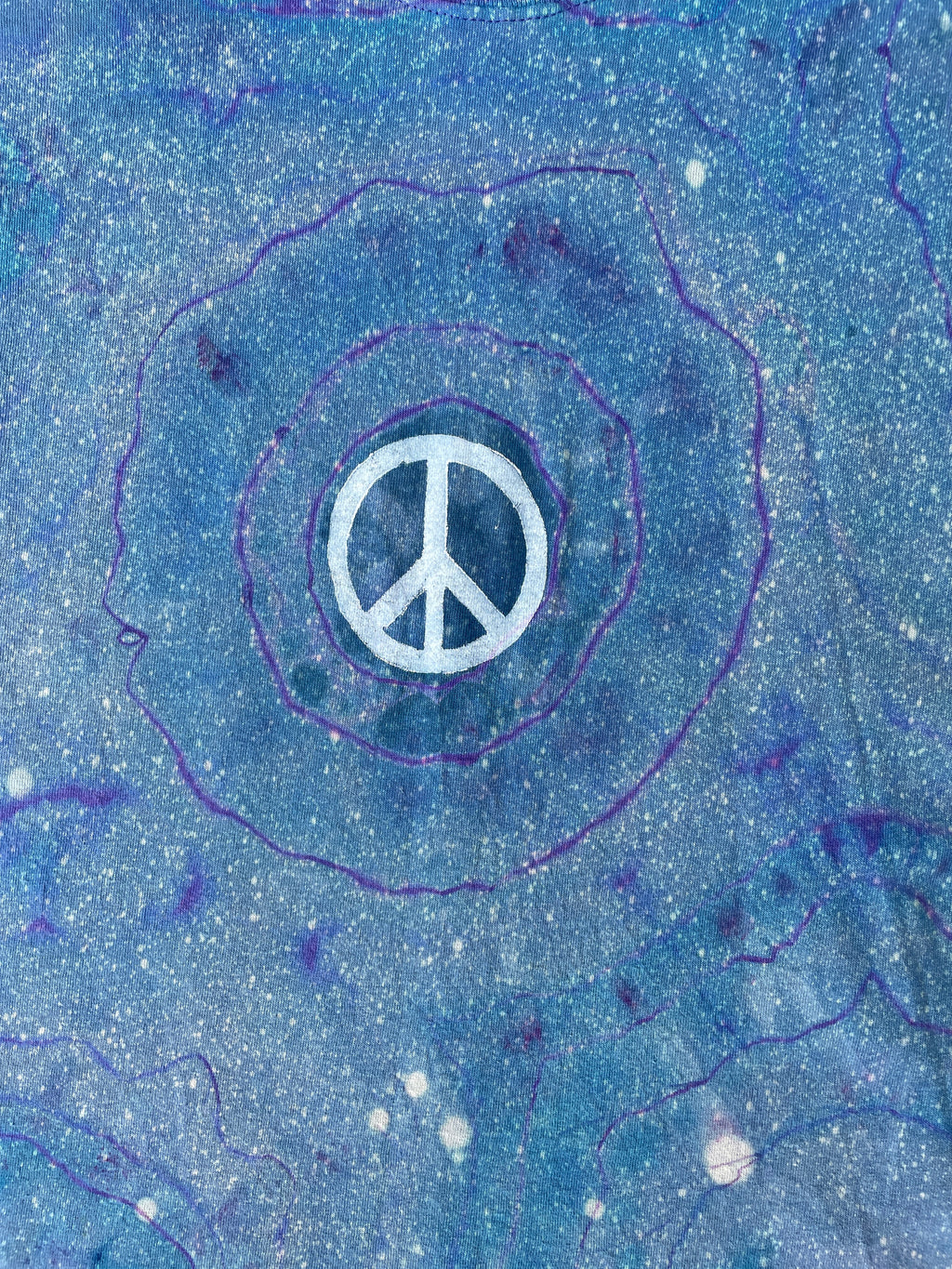 Hand-Printed Peace Sign Blue and Purple Geode Tie Dye Short Sleeve T-Shirt | Men's Size XL