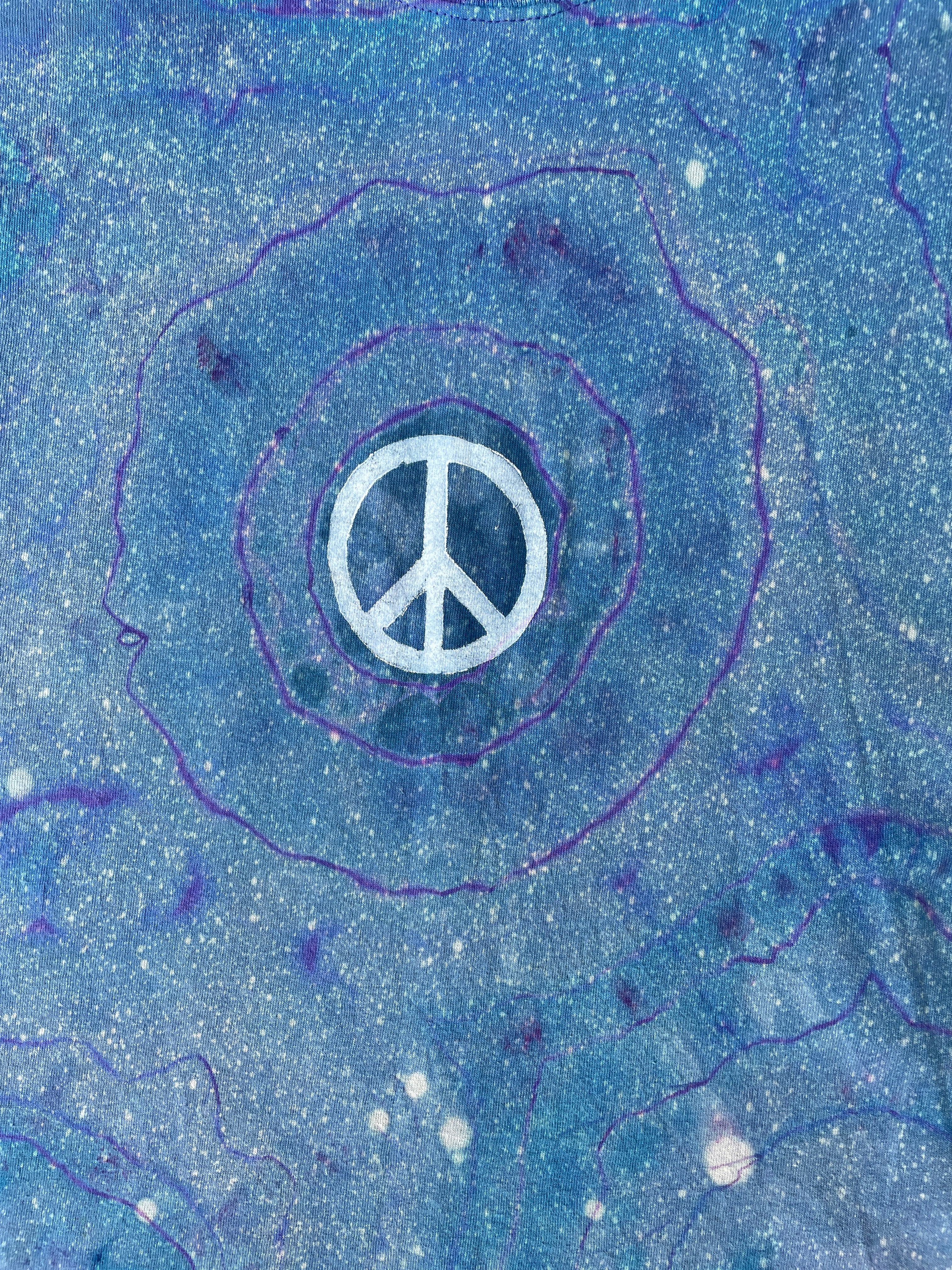 Hand-Printed Peace Sign Blue and Purple Geode Tie Dye Short Sleeve T-Shirt | Men's Size XL
