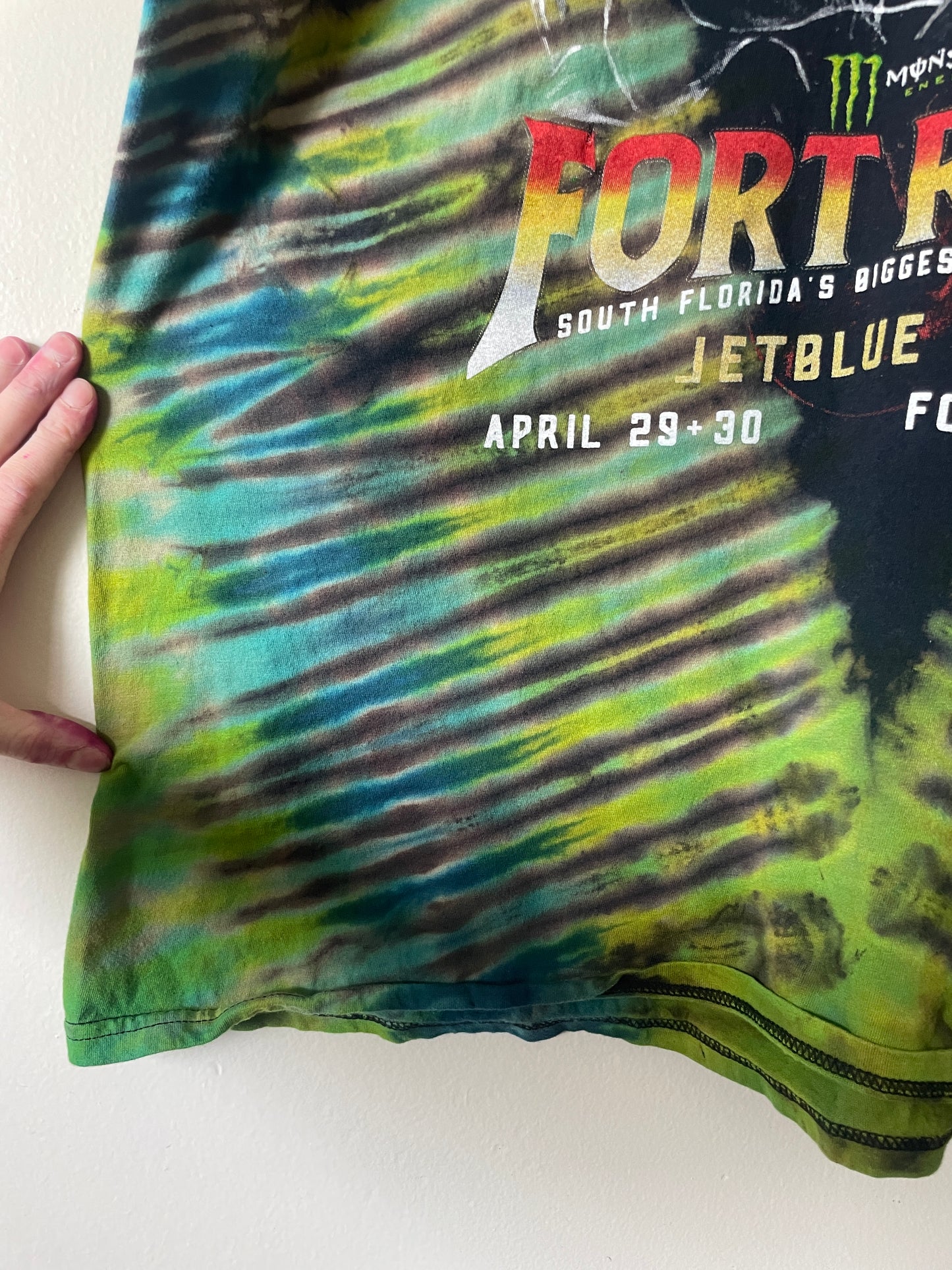 Fort Rock Festival 2016 (#2) Handmade Tie Dye Short Sleeve T-Shirt | One-Of-a-Kind Upcycled Black, Blue, and Green Pleated Top | Men's 2XL