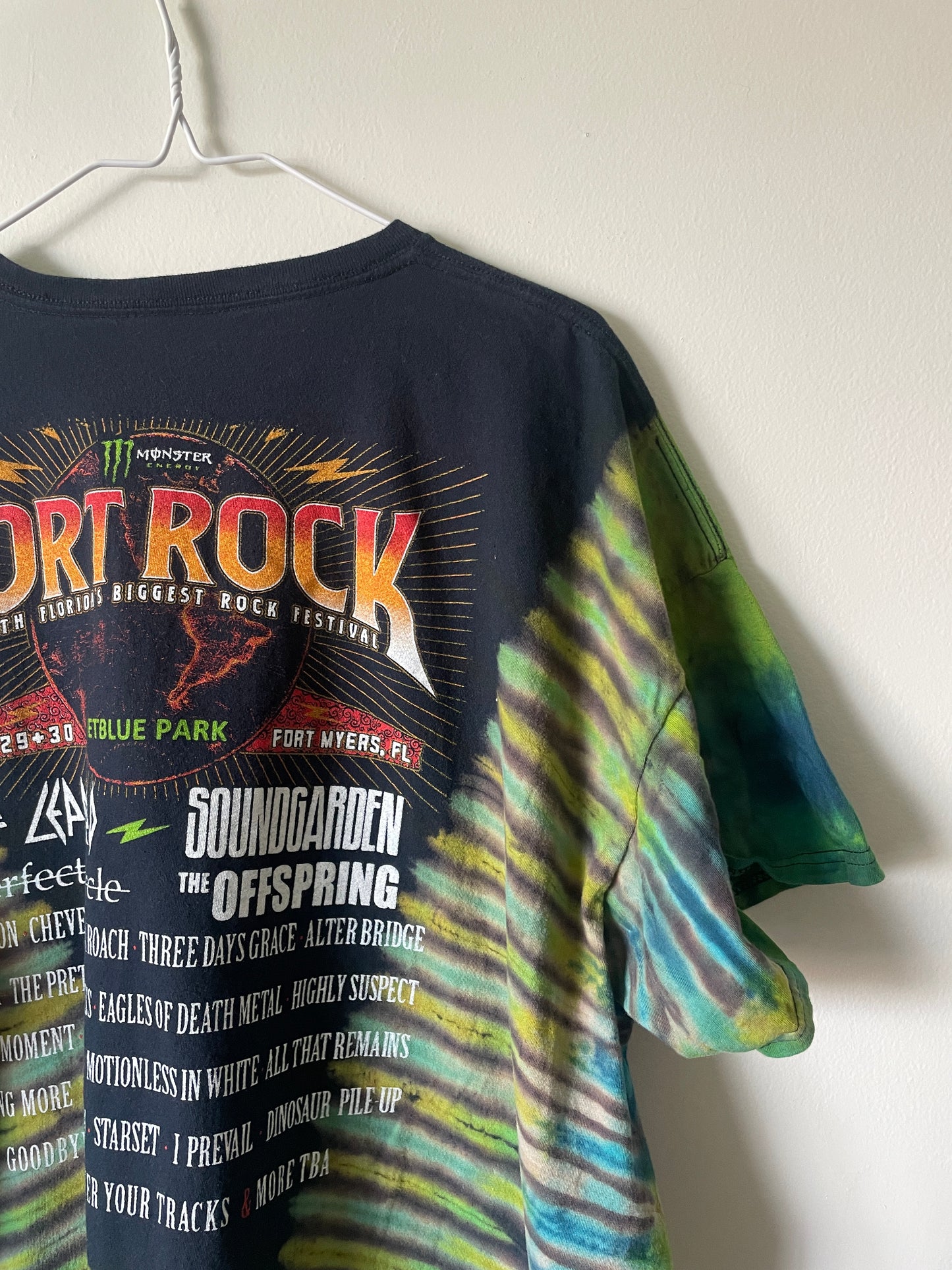 Fort Rock Festival 2016 (#2) Handmade Tie Dye Short Sleeve T-Shirt | One-Of-a-Kind Upcycled Black, Blue, and Green Pleated Top | Men's 2XL