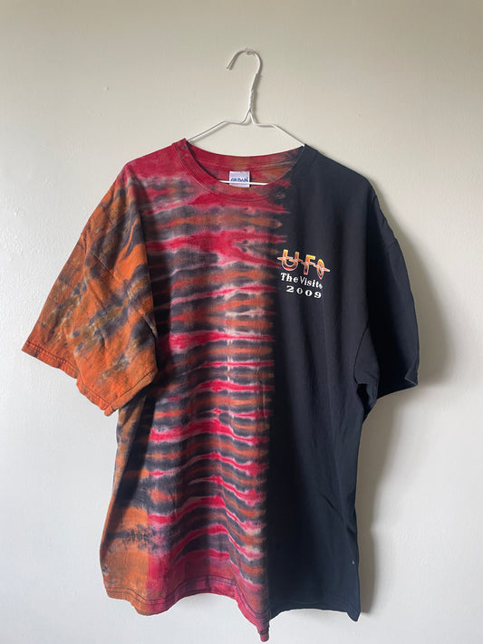 UFO The Visitor Tour 2009 Handmade Tie Dye Short Sleeve T-Shirt | One-Of-a-Kind Upcycled Black, Red, and Pink Pleated Top | Men's 2XL