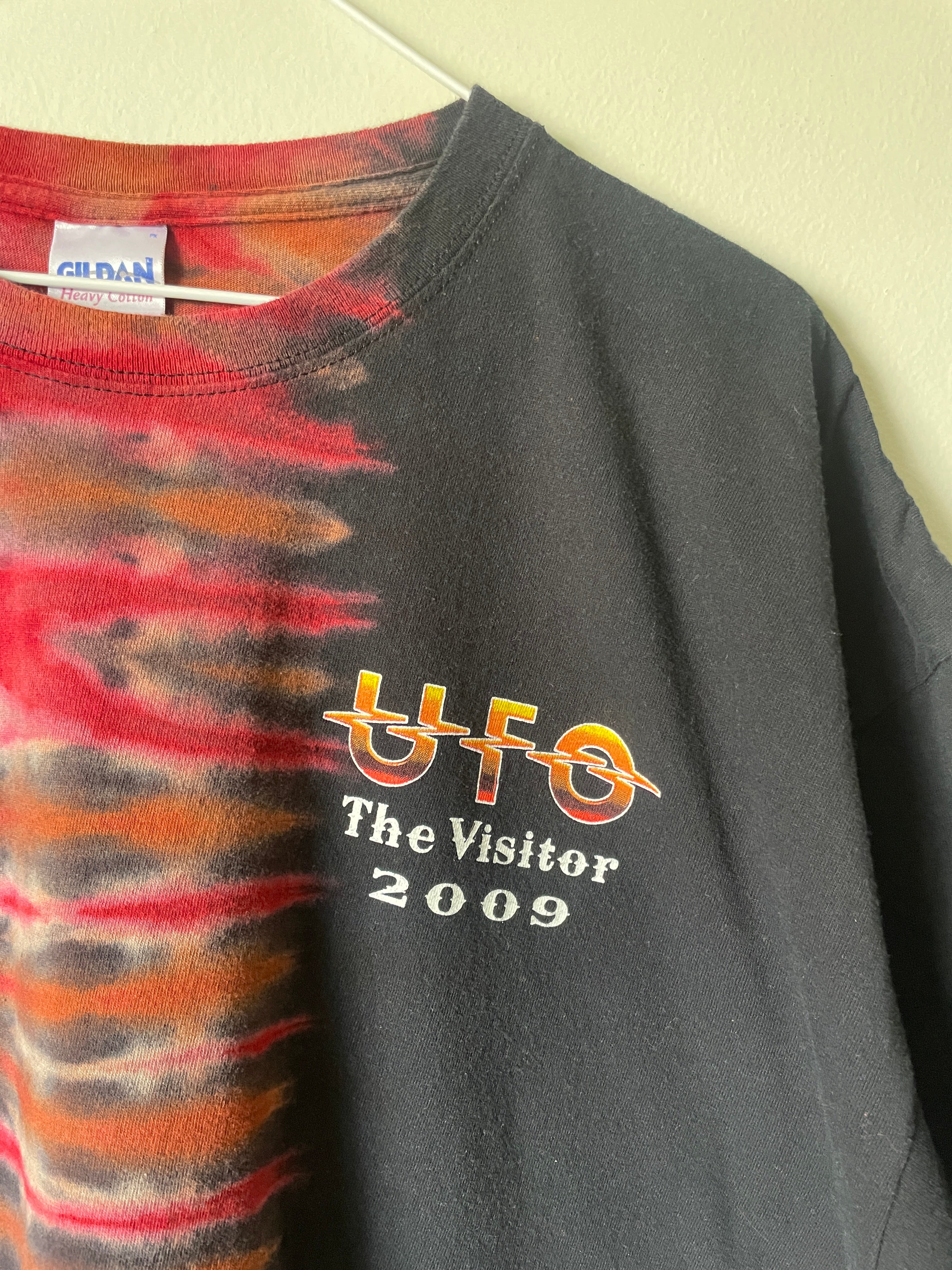 UFO The Visitor Tour 2009 Handmade Tie Dye Short Sleeve T-Shirt | One-Of-a-Kind Upcycled Black, Red, and Pink Pleated Top | Men's 2XL