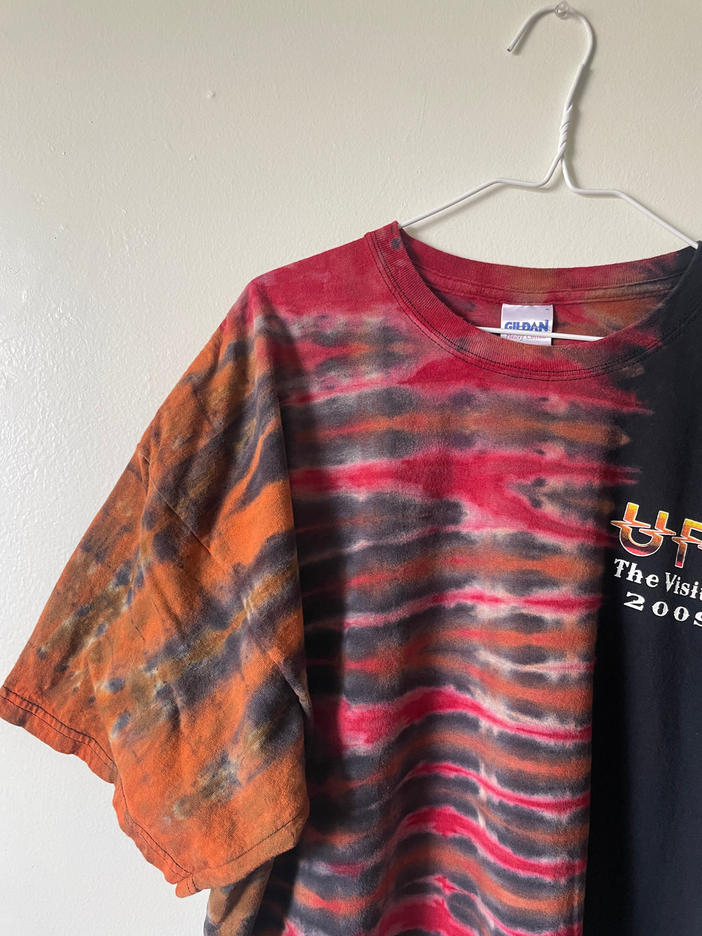 UFO The Visitor Tour 2009 Handmade Tie Dye Short Sleeve T-Shirt | One-Of-a-Kind Upcycled Black, Red, and Pink Pleated Top | Men's 2XL