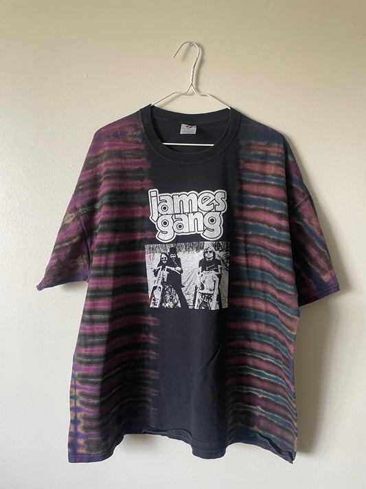 James Gang Rides Again 2006 Tour Handmade Tie Dye Short Sleeve T-Shirt | One-Of-a-Kind Upcycled Black and Blue Pleated Top | Men's 2XL