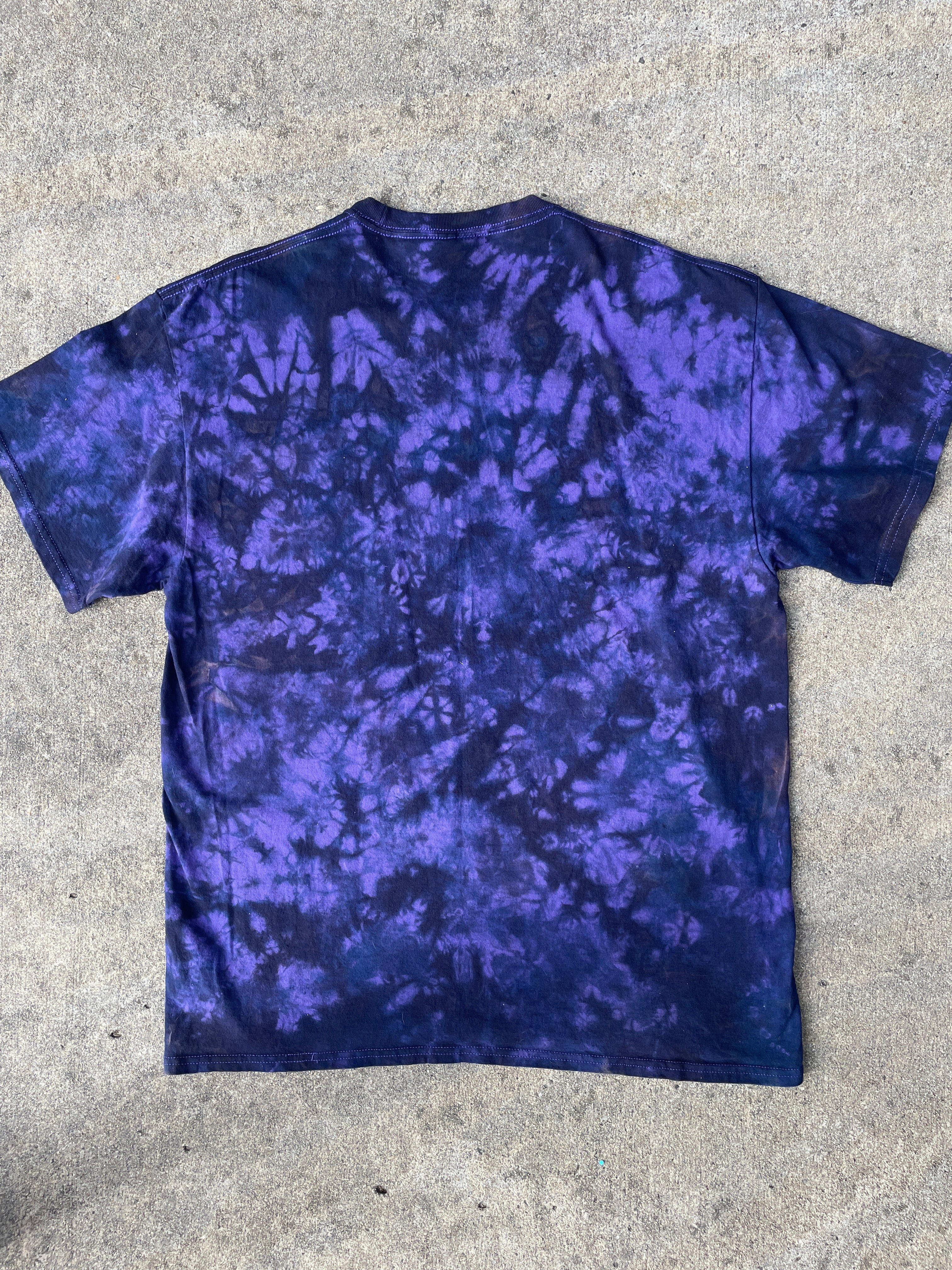 Hand-Printed Skeleton Heart Hands Black and Purple Tie Dye Short Sleeve T-Shirt | Men's Size XL