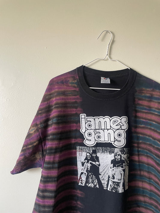 James Gang Rides Again 2006 Tour Handmade Tie Dye Short Sleeve T-Shirt | One-Of-a-Kind Upcycled Black and Blue Pleated Top | Men's 2XL