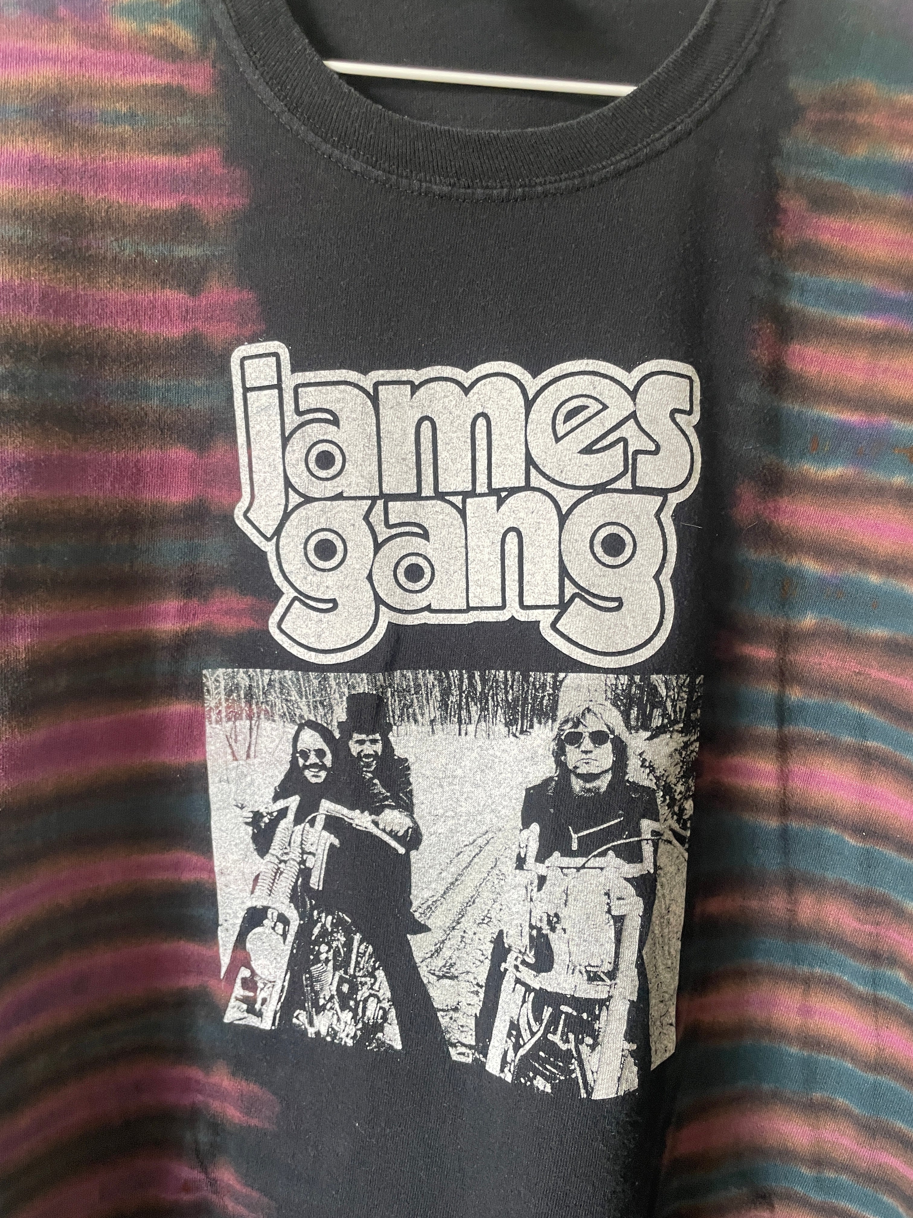 James Gang Rides Again 2006 Tour Handmade Tie Dye Short Sleeve T-Shirt | One-Of-a-Kind Upcycled Black and Blue Pleated Top | Men's 2XL