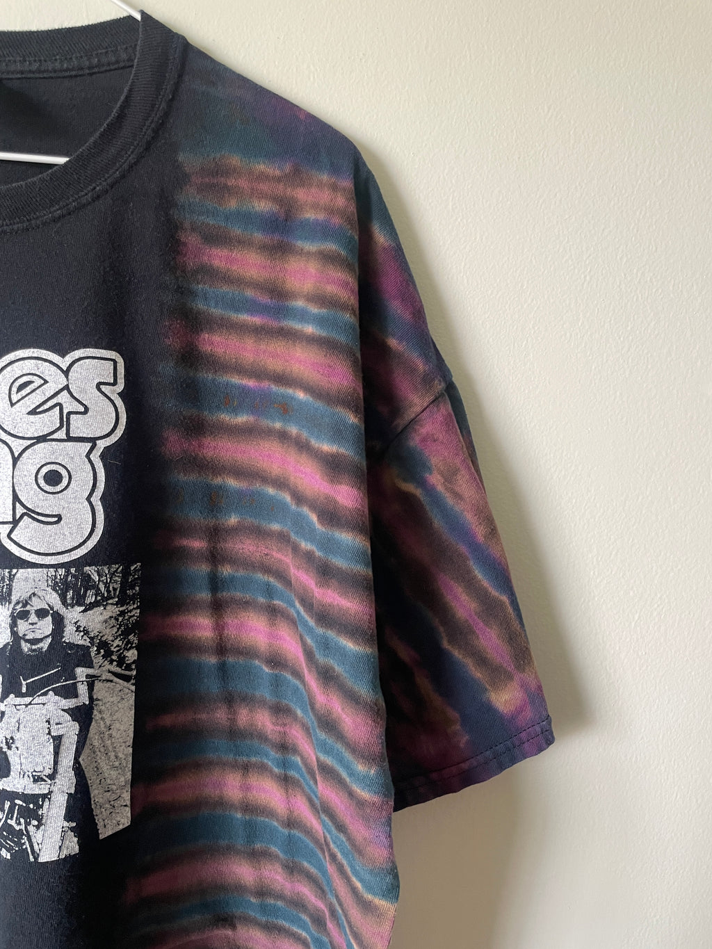 James Gang Rides Again 2006 Tour Handmade Tie Dye Short Sleeve T-Shirt | One-Of-a-Kind Upcycled Black and Blue Pleated Top | Men's 2XL