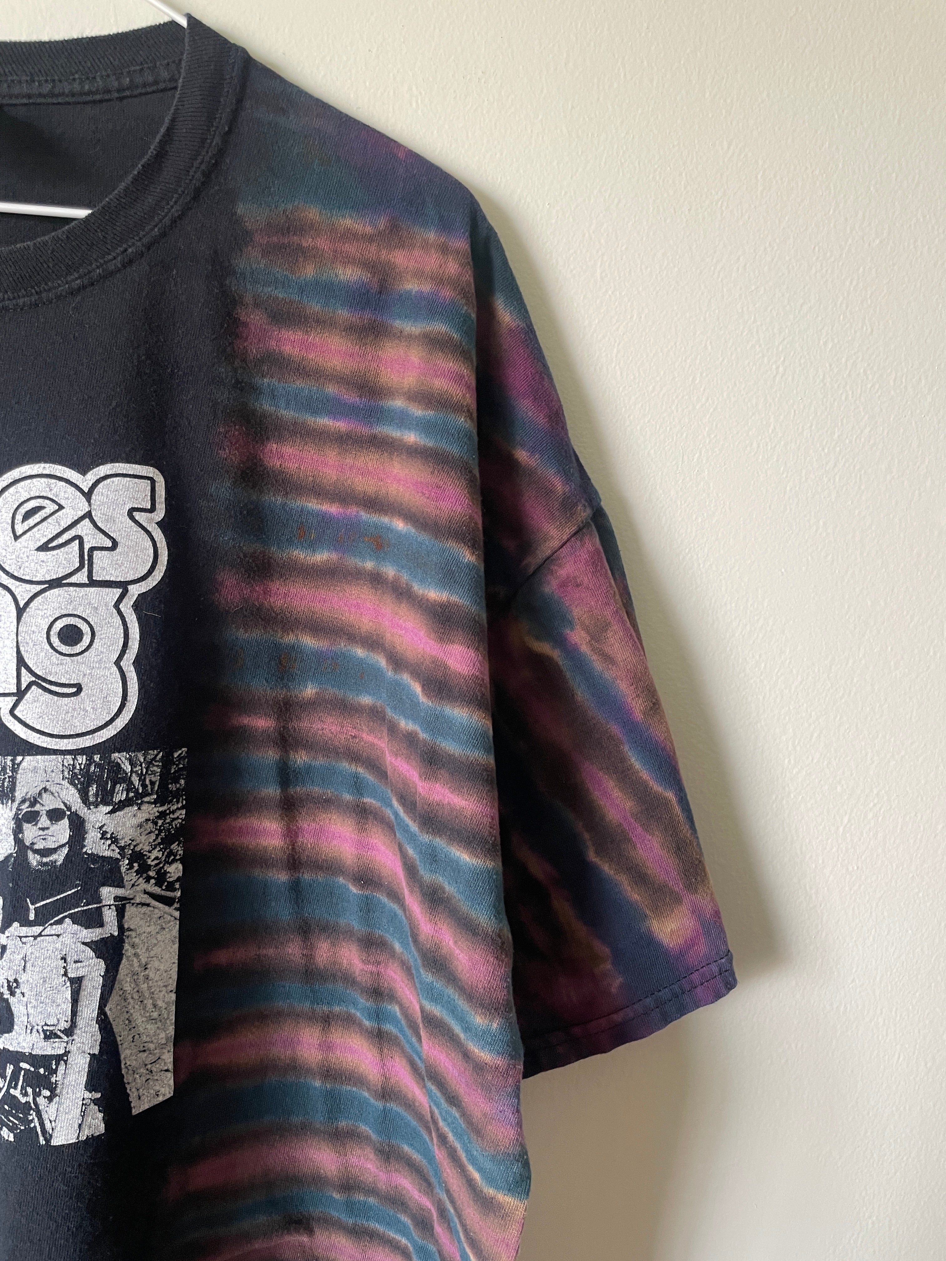 James Gang Rides Again 2006 Tour Handmade Tie Dye Short Sleeve T-Shirt | One-Of-a-Kind Upcycled Black and Blue Pleated Top | Men's 2XL