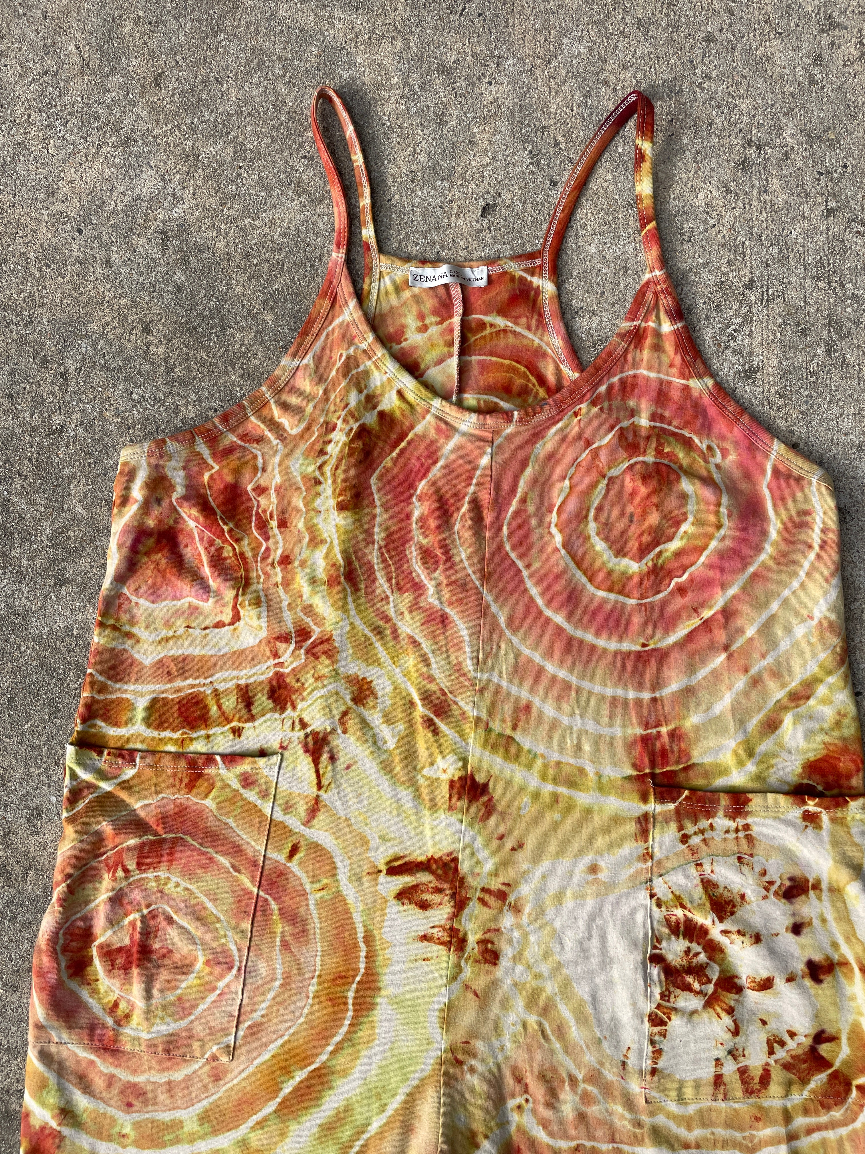 Desert Sun Tie Dye Jumpsuit | Women's Size Large/XL | Red, Orange, Yellow Geode Jumper