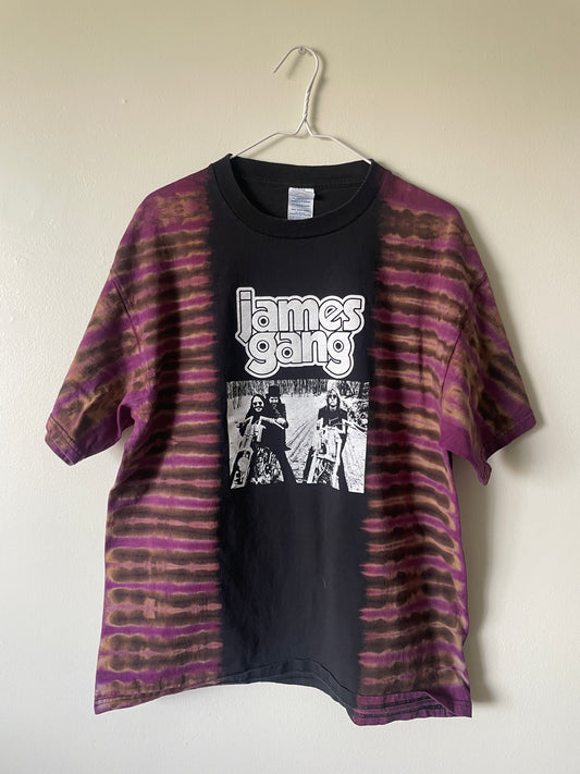 James Gang Rides Again 2006 Tour Handmade Tie Dye Short Sleeve T-Shirt | One-Of-a-Kind Upcycled Black and Purple Pleated Top | Men's XL