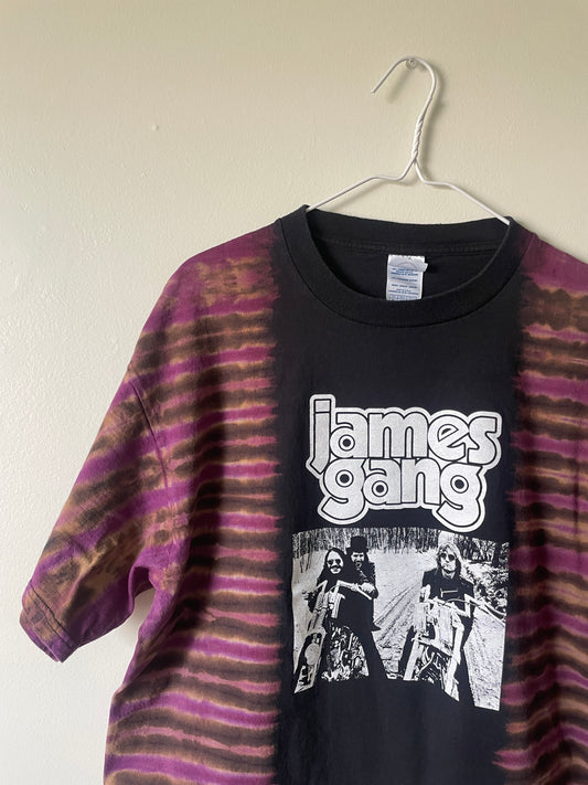 James Gang Rides Again 2006 Tour Handmade Tie Dye Short Sleeve T-Shirt | One-Of-a-Kind Upcycled Black and Purple Pleated Top | Men's XL