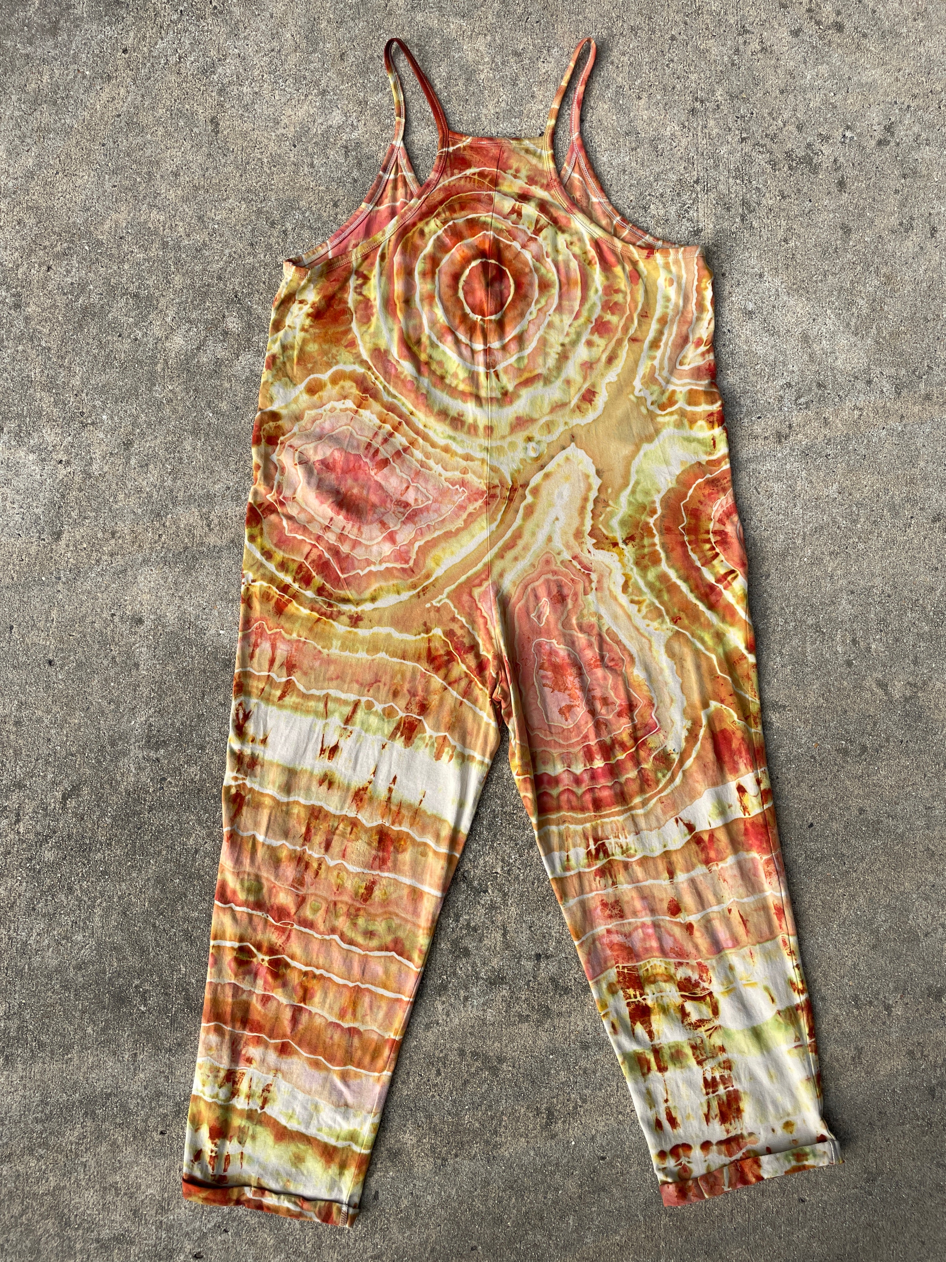 Desert Sun Tie Dye Jumpsuit | Women's Size Large/XL | Red, Orange, Yellow Geode Jumper
