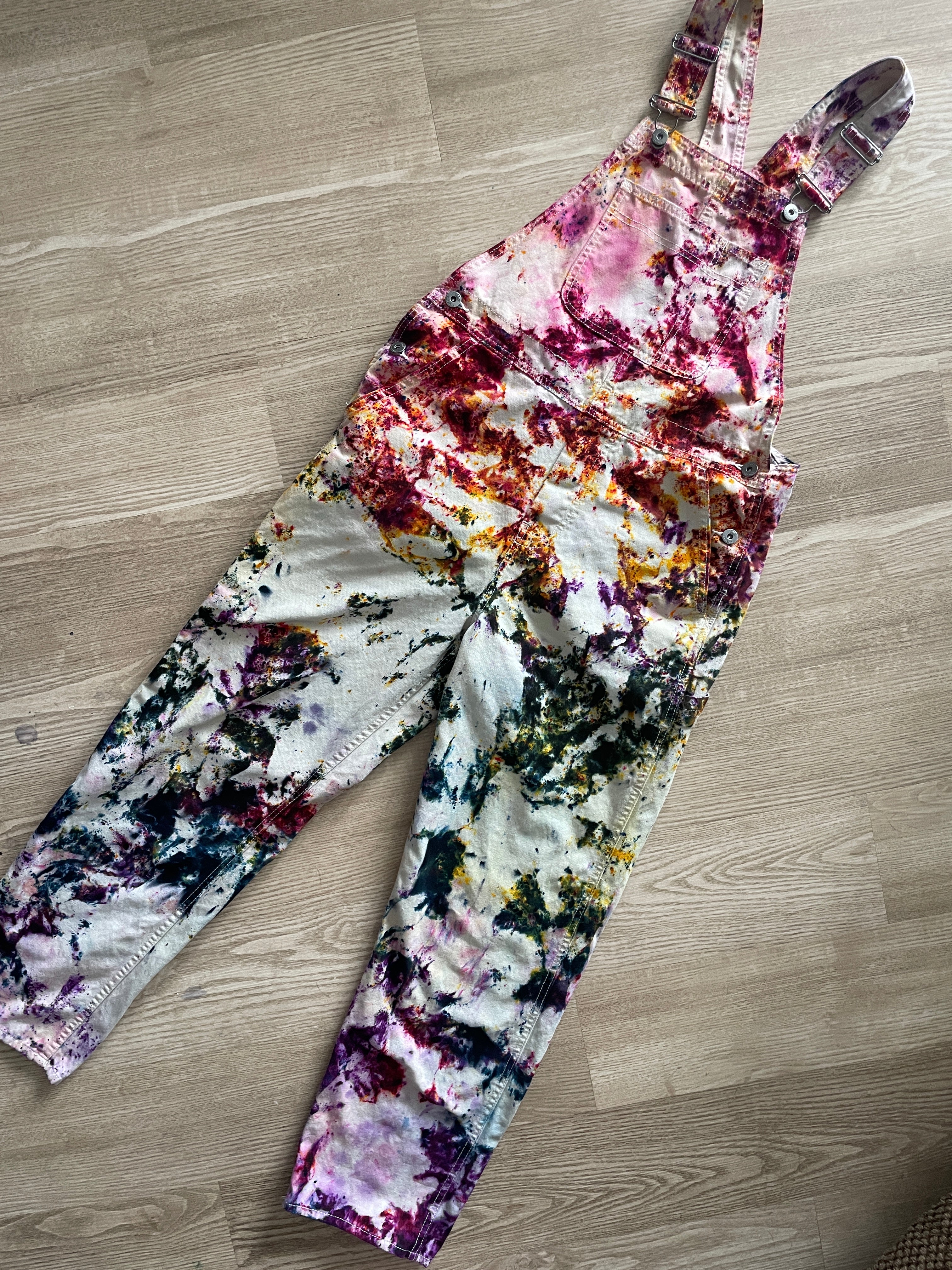 Women's Small Vans Rainbow Funfetti Tie Dye Overalls | One-Of-a-Kind Upcycled Cream and Earth Tones Overalls