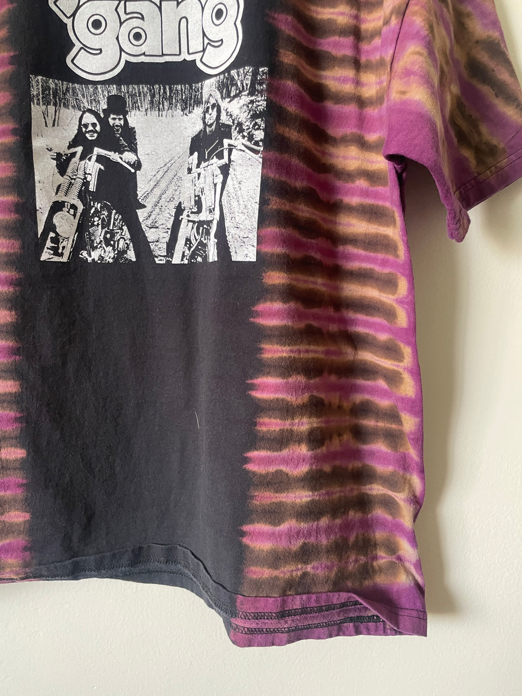 James Gang Rides Again 2006 Tour Handmade Tie Dye Short Sleeve T-Shirt | One-Of-a-Kind Upcycled Black and Purple Pleated Top | Men's XL