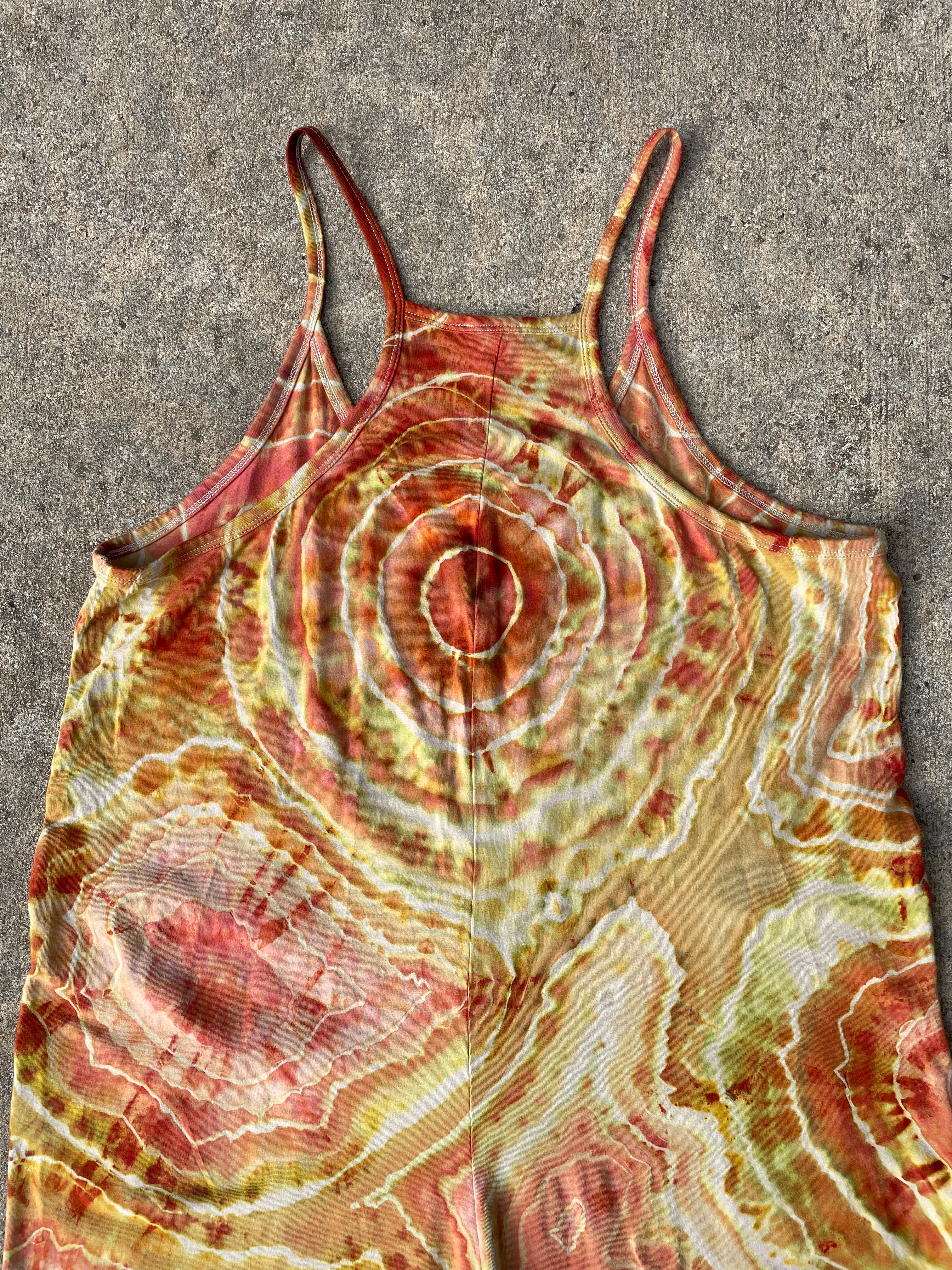 Desert Sun Tie Dye Jumpsuit | Women's Size Large/XL | Red, Orange, Yellow Geode Jumper
