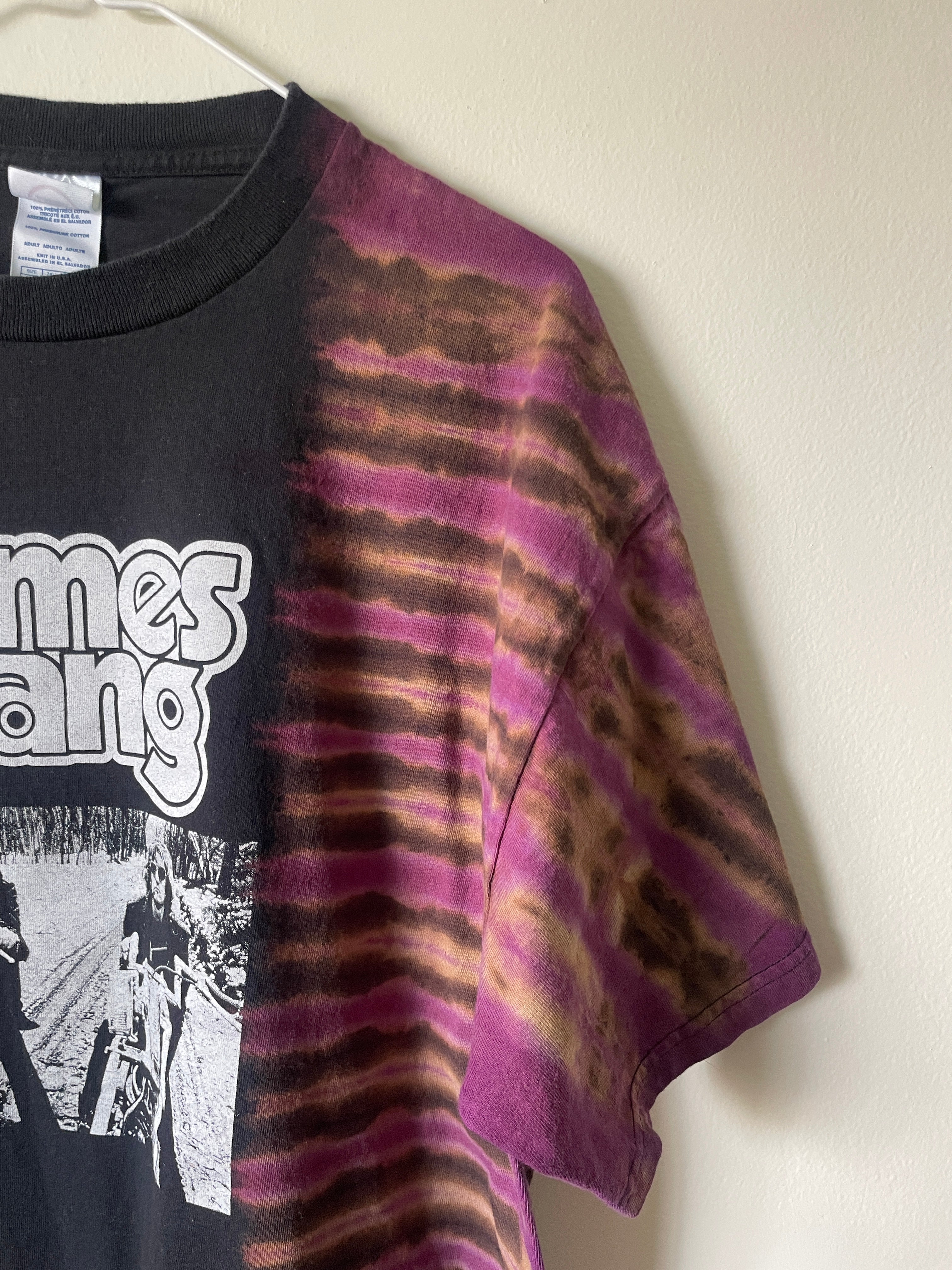 James Gang Rides Again 2006 Tour Handmade Tie Dye Short Sleeve T-Shirt | One-Of-a-Kind Upcycled Black and Purple Pleated Top | Men's XL