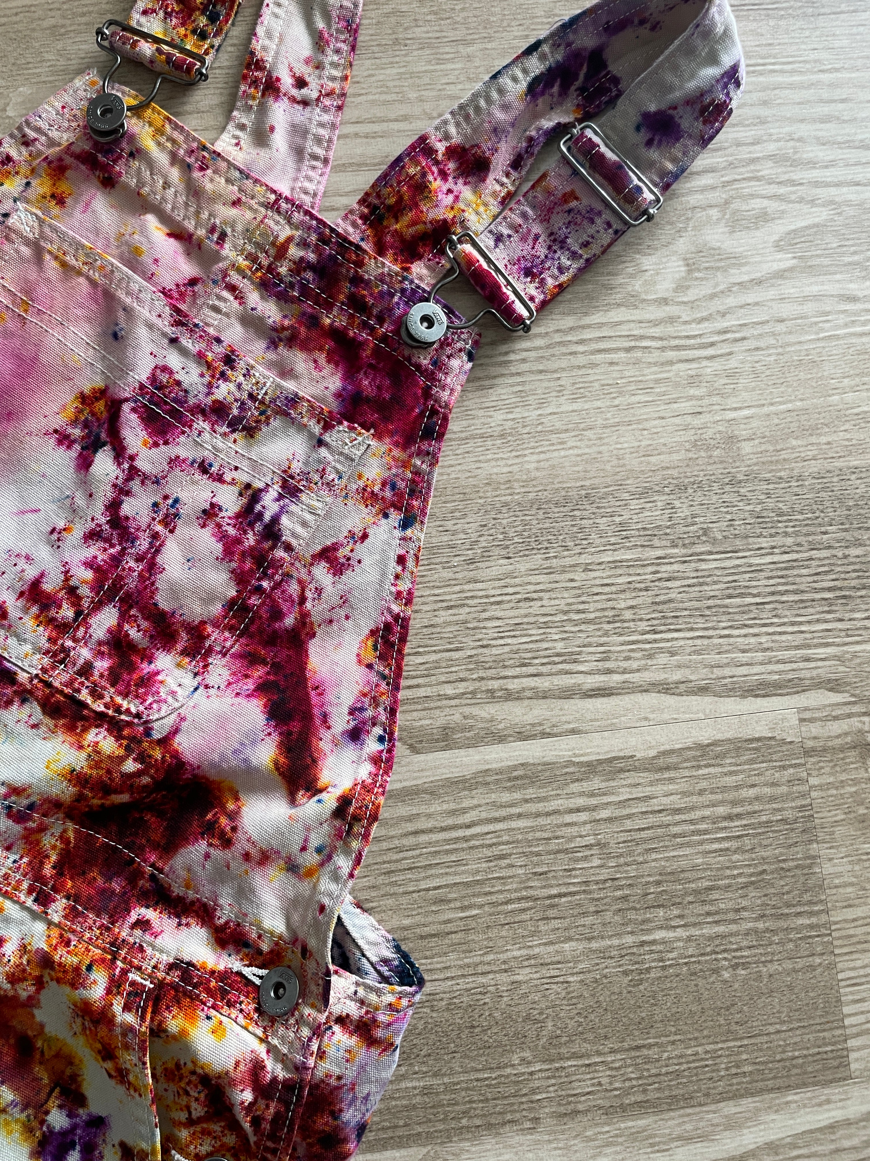 Women's Small Vans Rainbow Funfetti Tie Dye Overalls | One-Of-a-Kind Upcycled Cream and Earth Tones Overalls