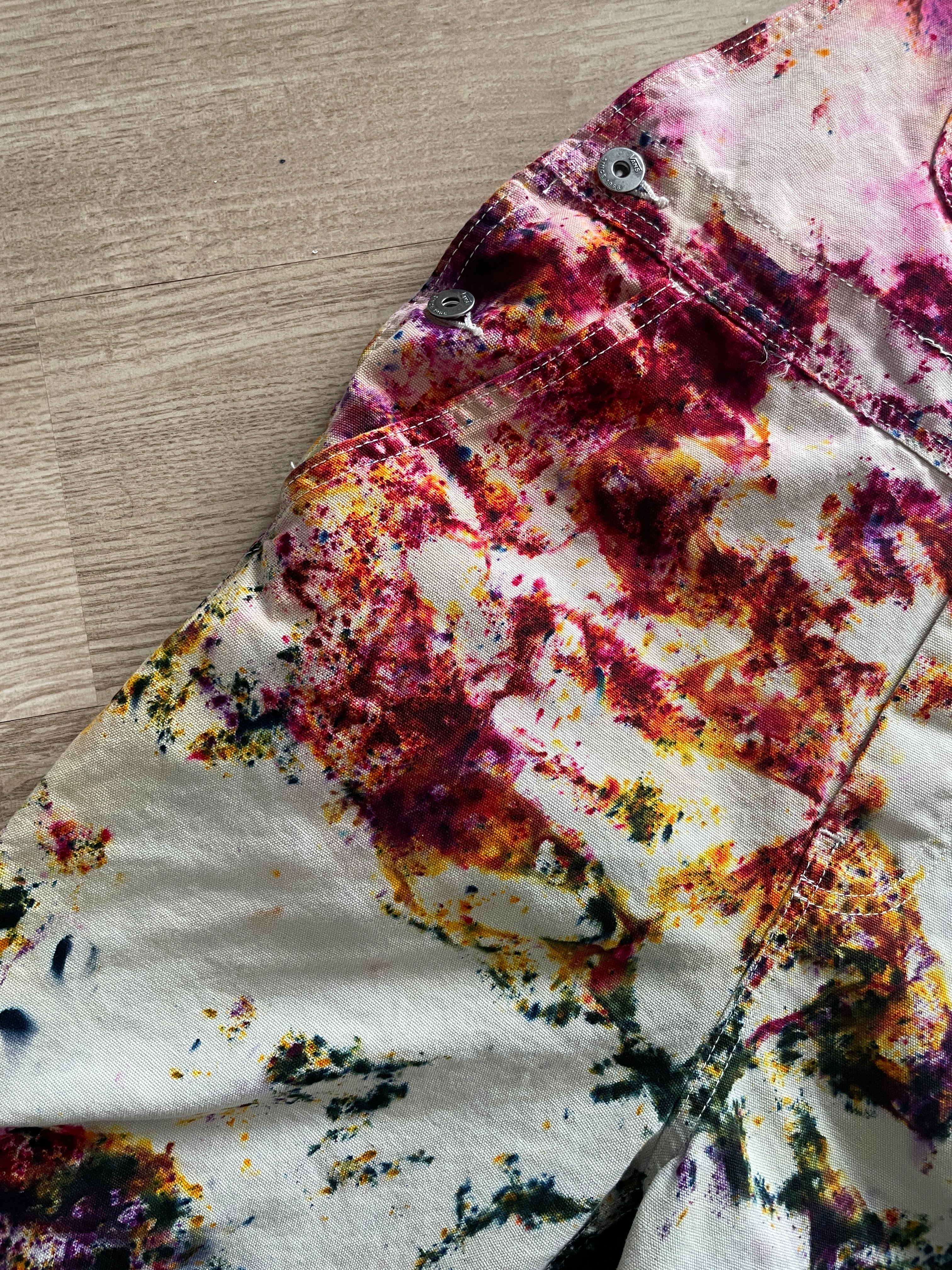 Women's Small Vans Rainbow Funfetti Tie Dye Overalls | One-Of-a-Kind Upcycled Cream and Earth Tones Overalls