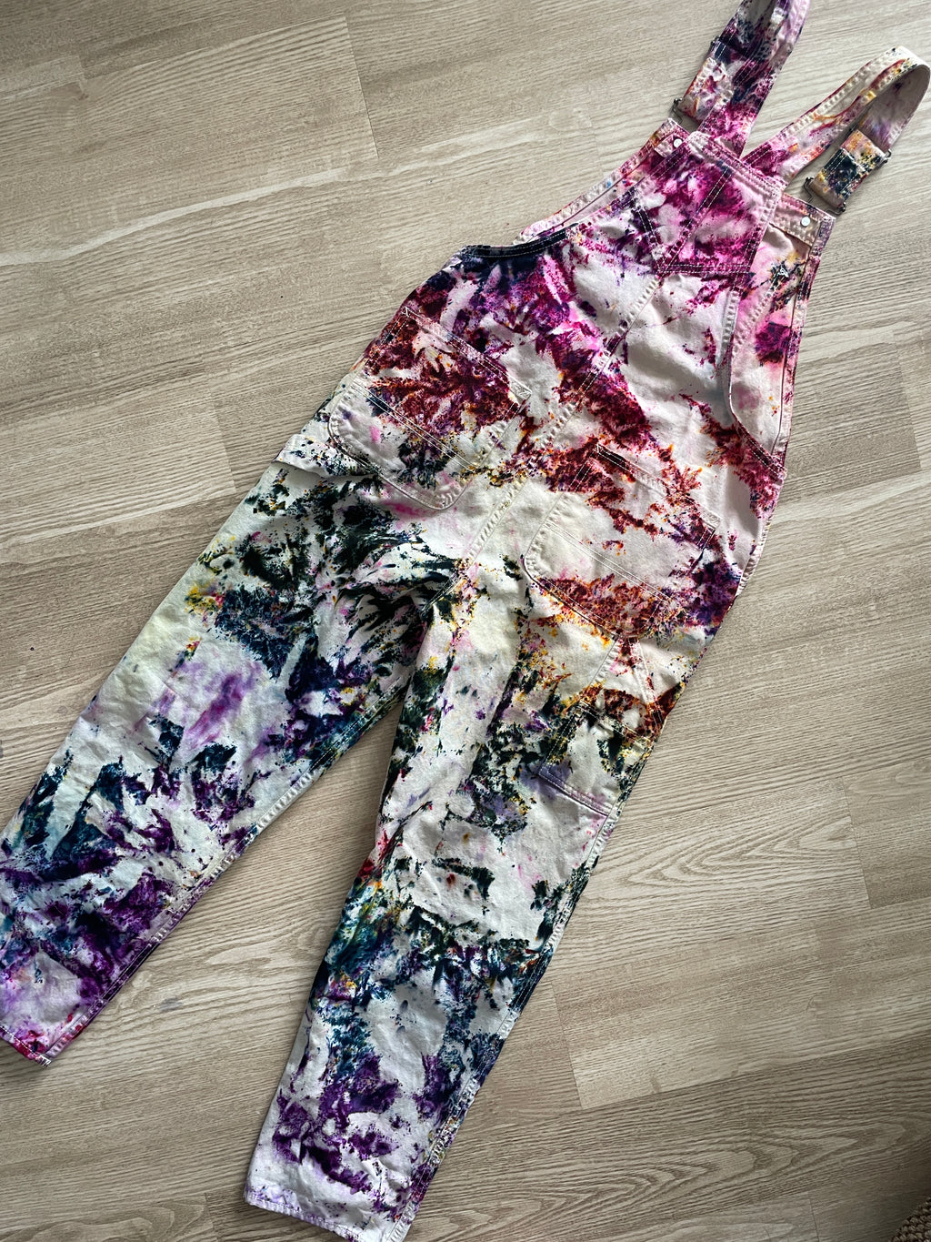 Women's Small Vans Rainbow Funfetti Tie Dye Overalls | One-Of-a-Kind Upcycled Cream and Earth Tones Overalls