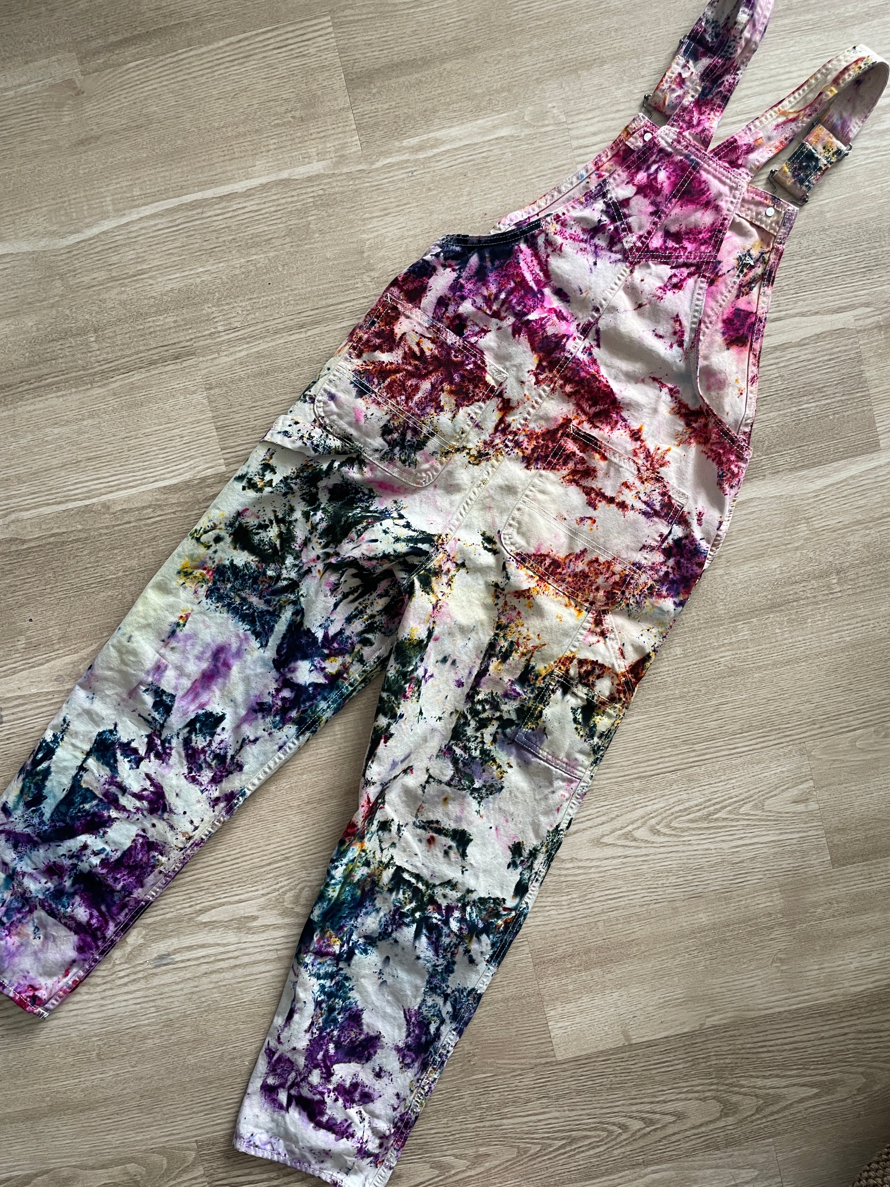 Women's Small Vans Rainbow Funfetti Tie Dye Overalls | One-Of-a-Kind Upcycled Cream and Earth Tones Overalls