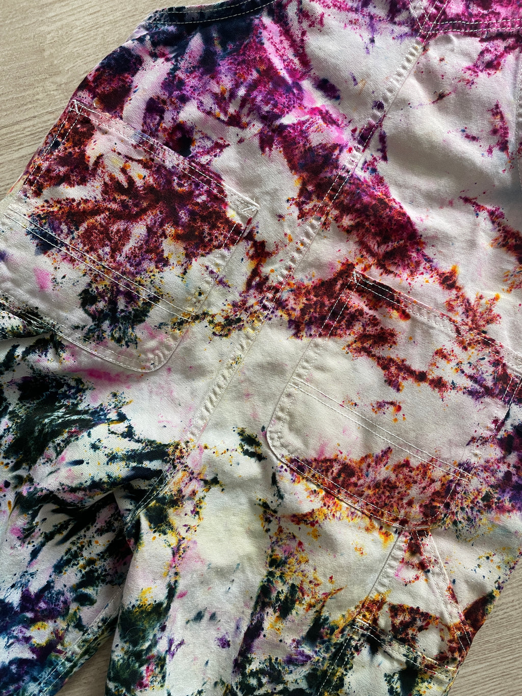 Women's Small Vans Rainbow Funfetti Tie Dye Overalls | One-Of-a-Kind Upcycled Cream and Earth Tones Overalls