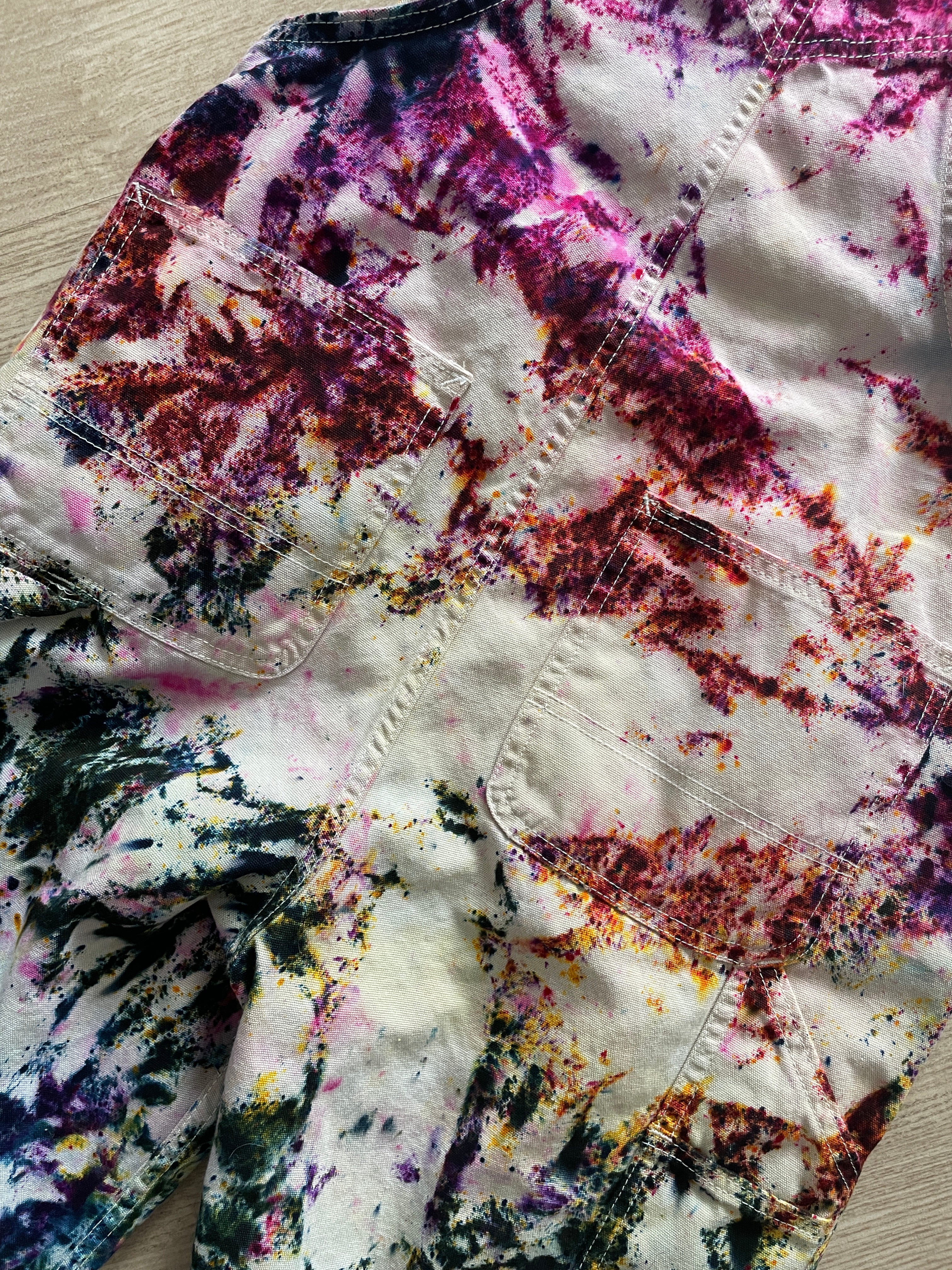 Women's Small Vans Rainbow Funfetti Tie Dye Overalls | One-Of-a-Kind Upcycled Cream and Earth Tones Overalls