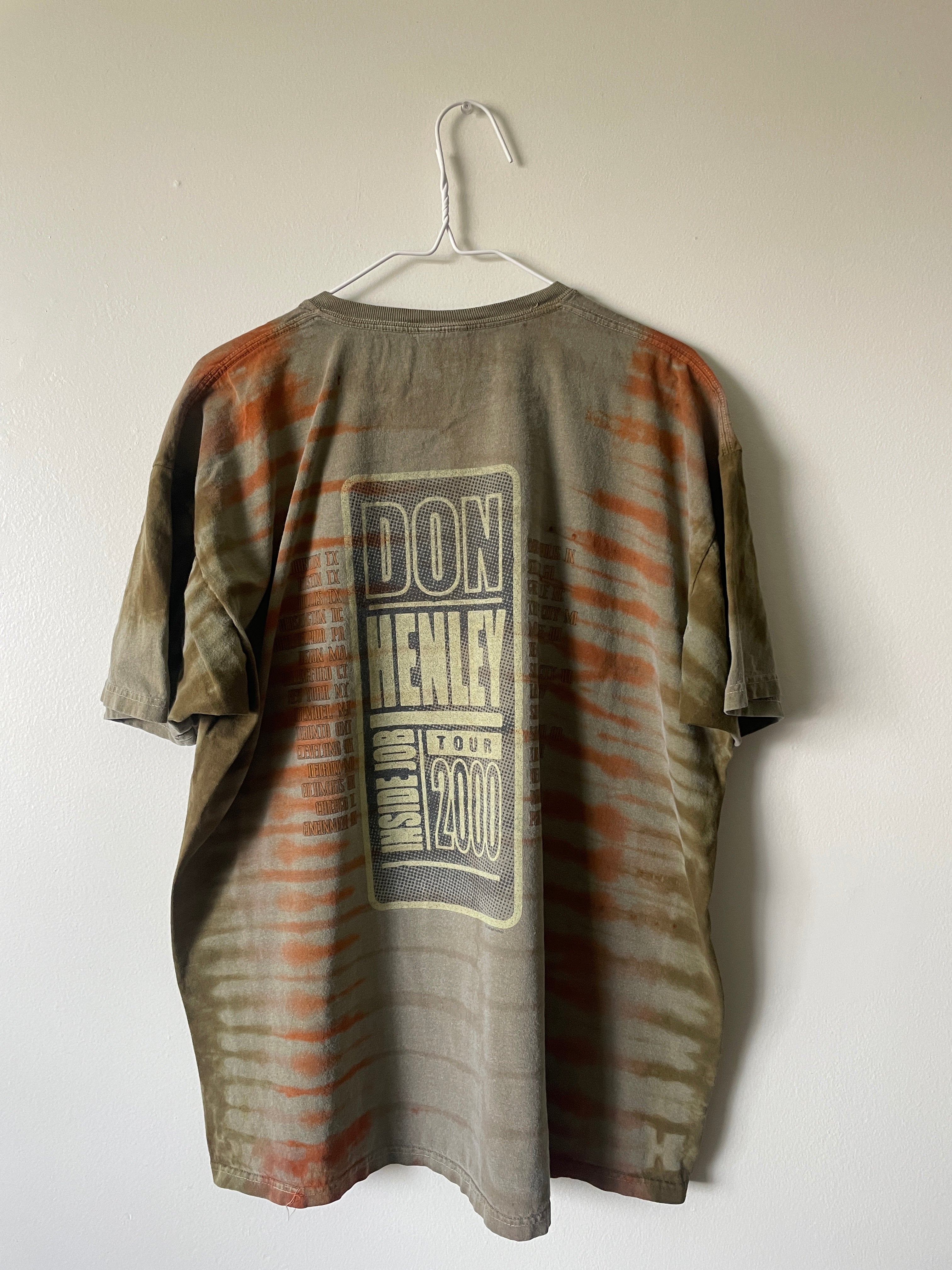 Don Henley Inside Job 2000 Tour Handmade Tie Dye Short Sleeve T-Shirt | One-Of-a-Kind Upcycled Tan and Brown Pleated Top | Men's XL