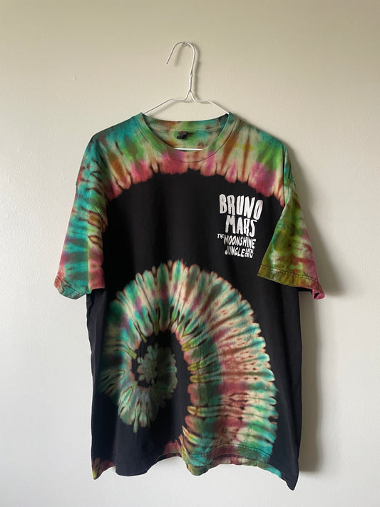 Bruno Mars The Moonshine Jungle Local Crew Handmade Tie Dye Short Sleeve T-Shirt | One-Of-a-Kind Upcycled Black, Green, and Pink Spiral Top | Men's 2XL