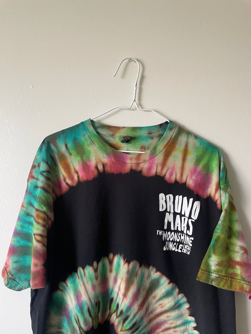 Bruno Mars The Moonshine Jungle Local Crew Handmade Tie Dye Short Sleeve T-Shirt | One-Of-a-Kind Upcycled Black, Green, and Pink Spiral Top | Men's 2XL