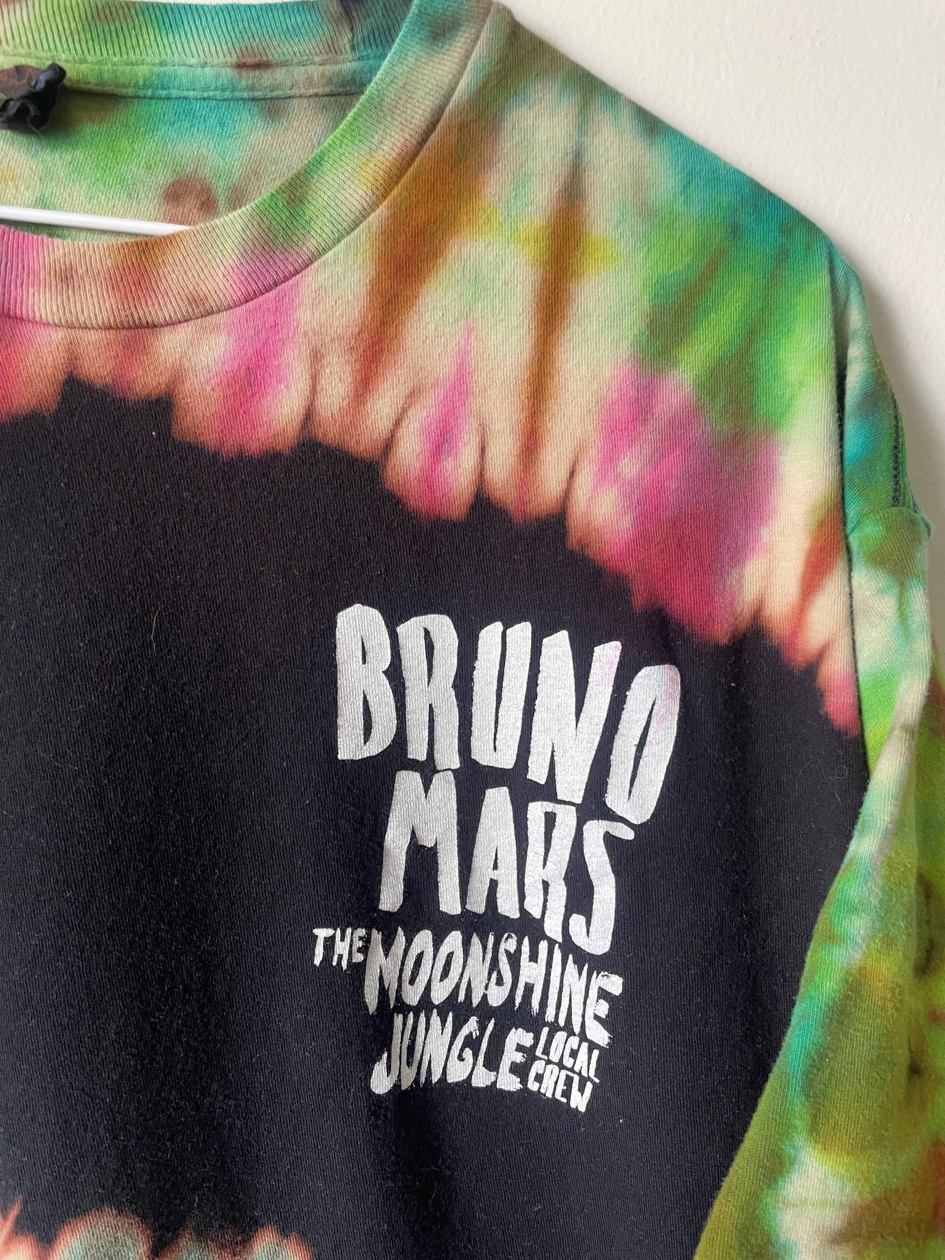 Bruno Mars The Moonshine Jungle Local Crew Handmade Tie Dye Short Sleeve T-Shirt | One-Of-a-Kind Upcycled Black, Green, and Pink Spiral Top | Men's 2XL