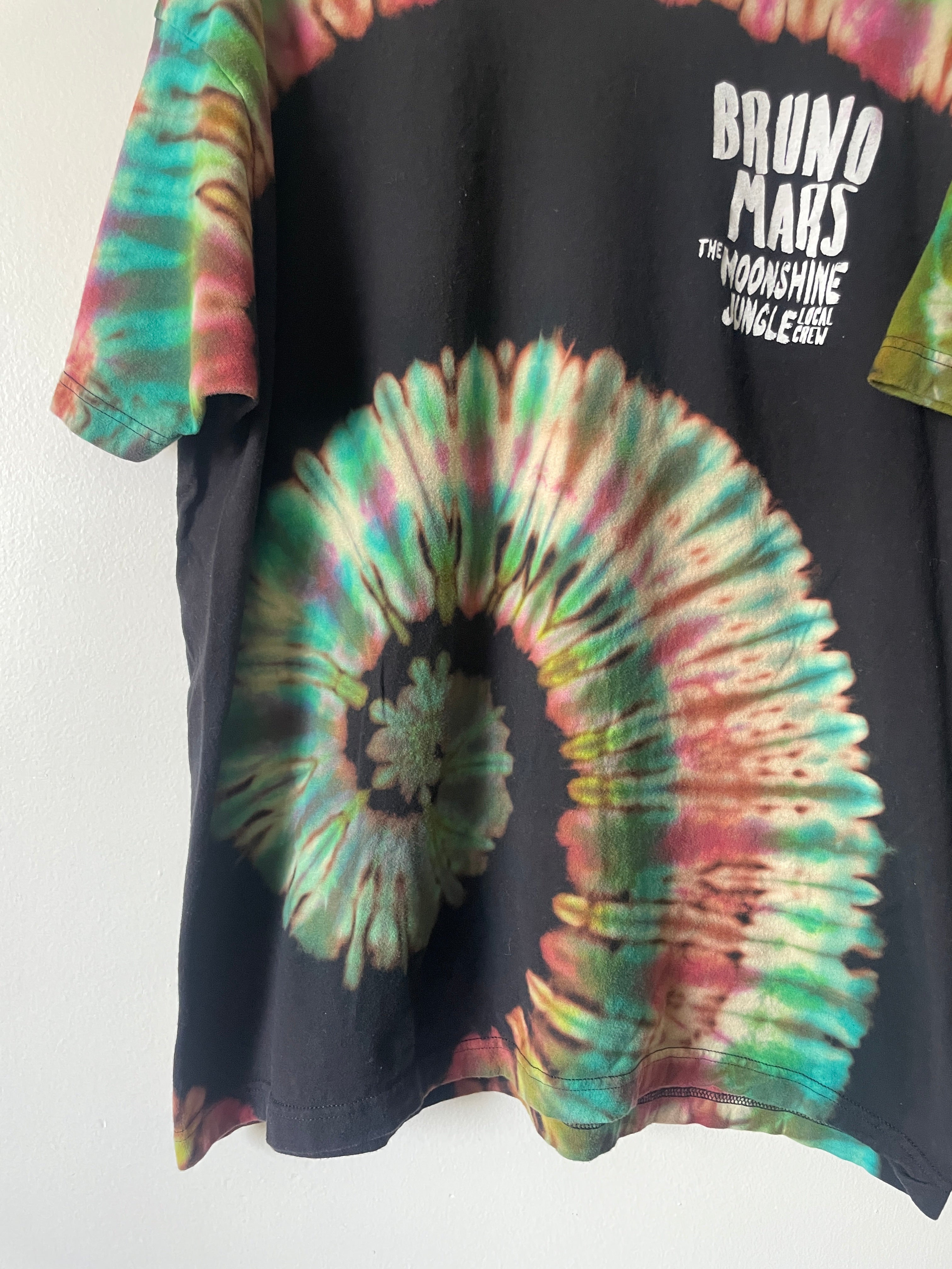 Bruno Mars The Moonshine Jungle Local Crew Handmade Tie Dye Short Sleeve T-Shirt | One-Of-a-Kind Upcycled Black, Green, and Pink Spiral Top | Men's 2XL
