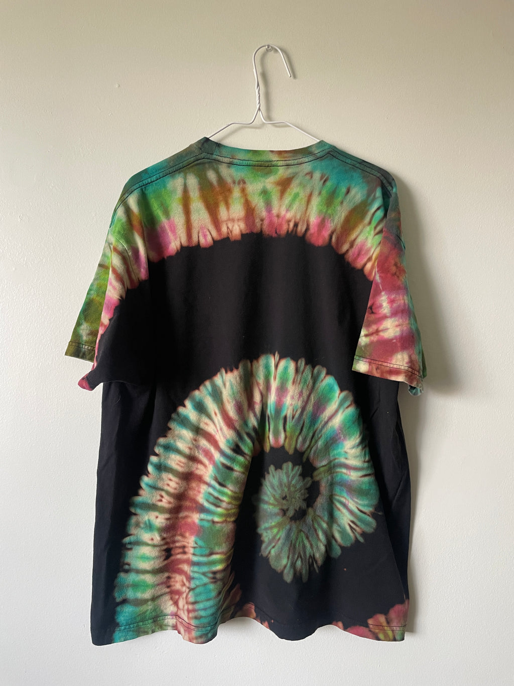 Bruno Mars The Moonshine Jungle Local Crew Handmade Tie Dye Short Sleeve T-Shirt | One-Of-a-Kind Upcycled Black, Green, and Pink Spiral Top | Men's 2XL