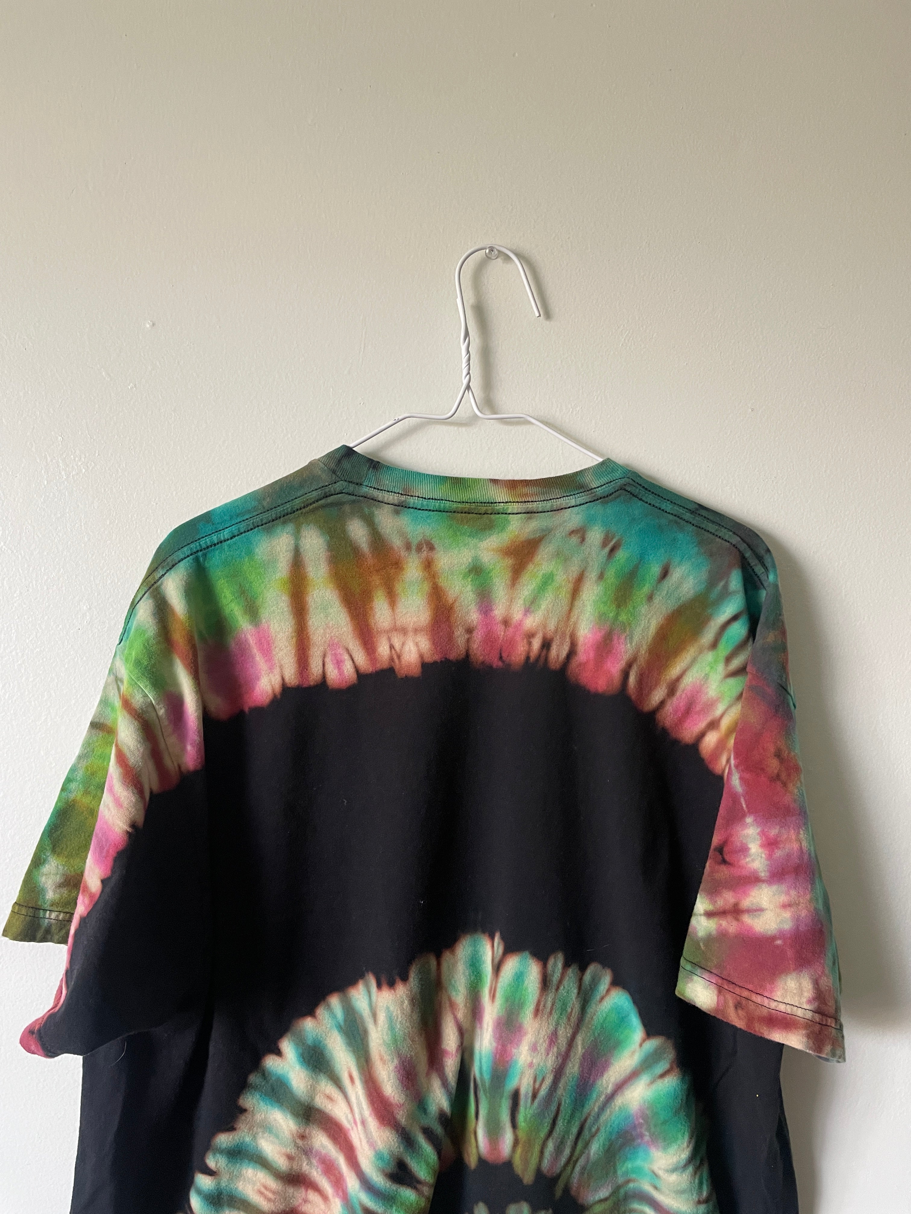 Bruno Mars The Moonshine Jungle Local Crew Handmade Tie Dye Short Sleeve T-Shirt | One-Of-a-Kind Upcycled Black, Green, and Pink Spiral Top | Men's 2XL