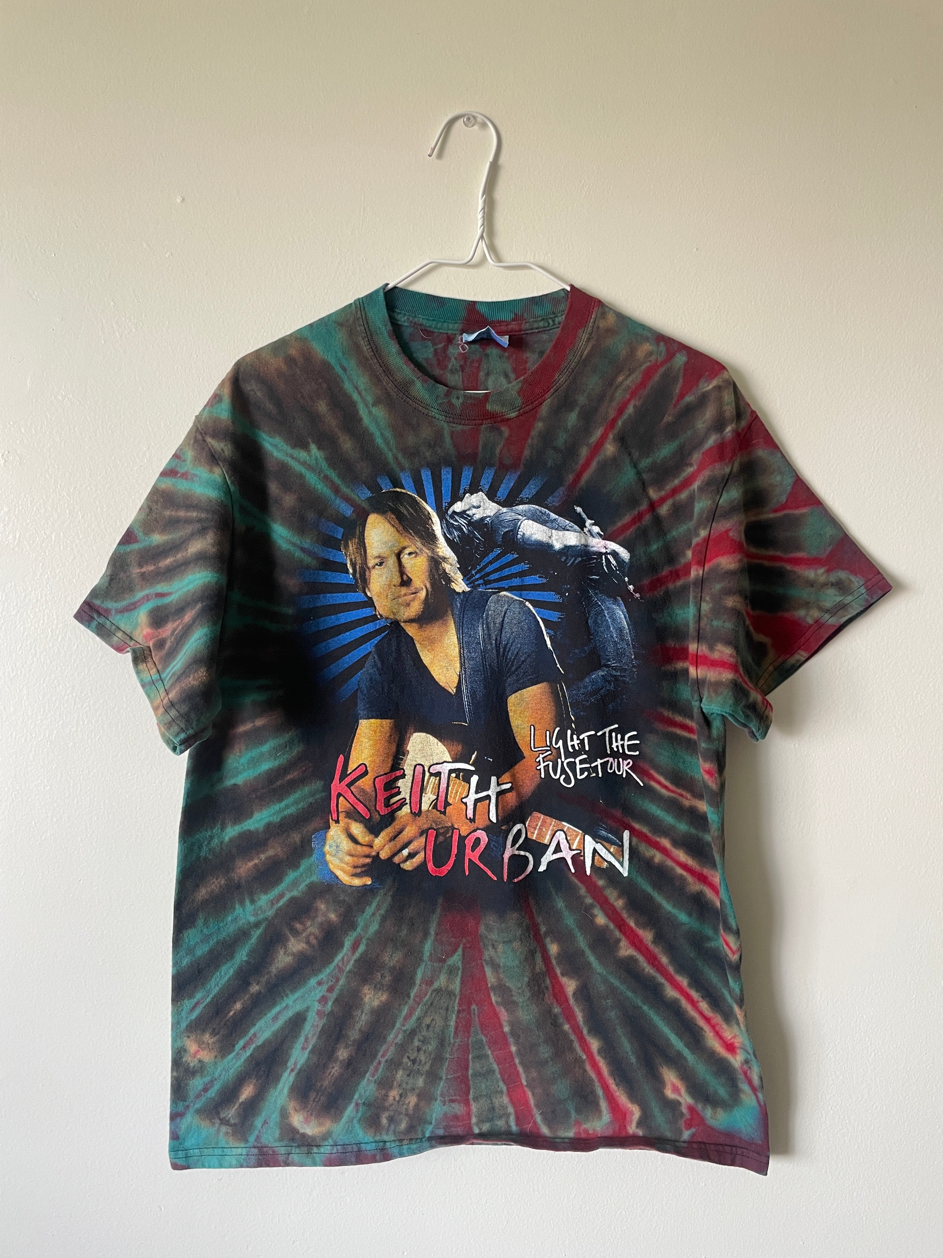 Keith Urban Light the Fuse 2016 Tour Handmade Tie Dye Short Sleeve T-Shirt | One-Of-a-Kind Upcycled Black, Red, and Blue Top | Men's Large